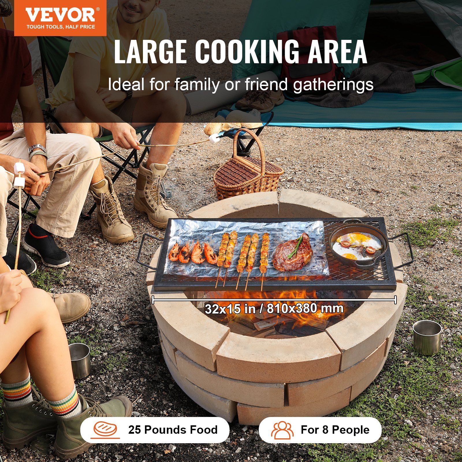 X-Marks Fire Pit Grill Grate, Rectangle Cooking Grate, Heavy Duty Steel Campfire BBQ Grill Grid with Handle & Support X Wire, Portable Camping Cookware for Outside Party Gathering, 81 cm Black - Image 2
