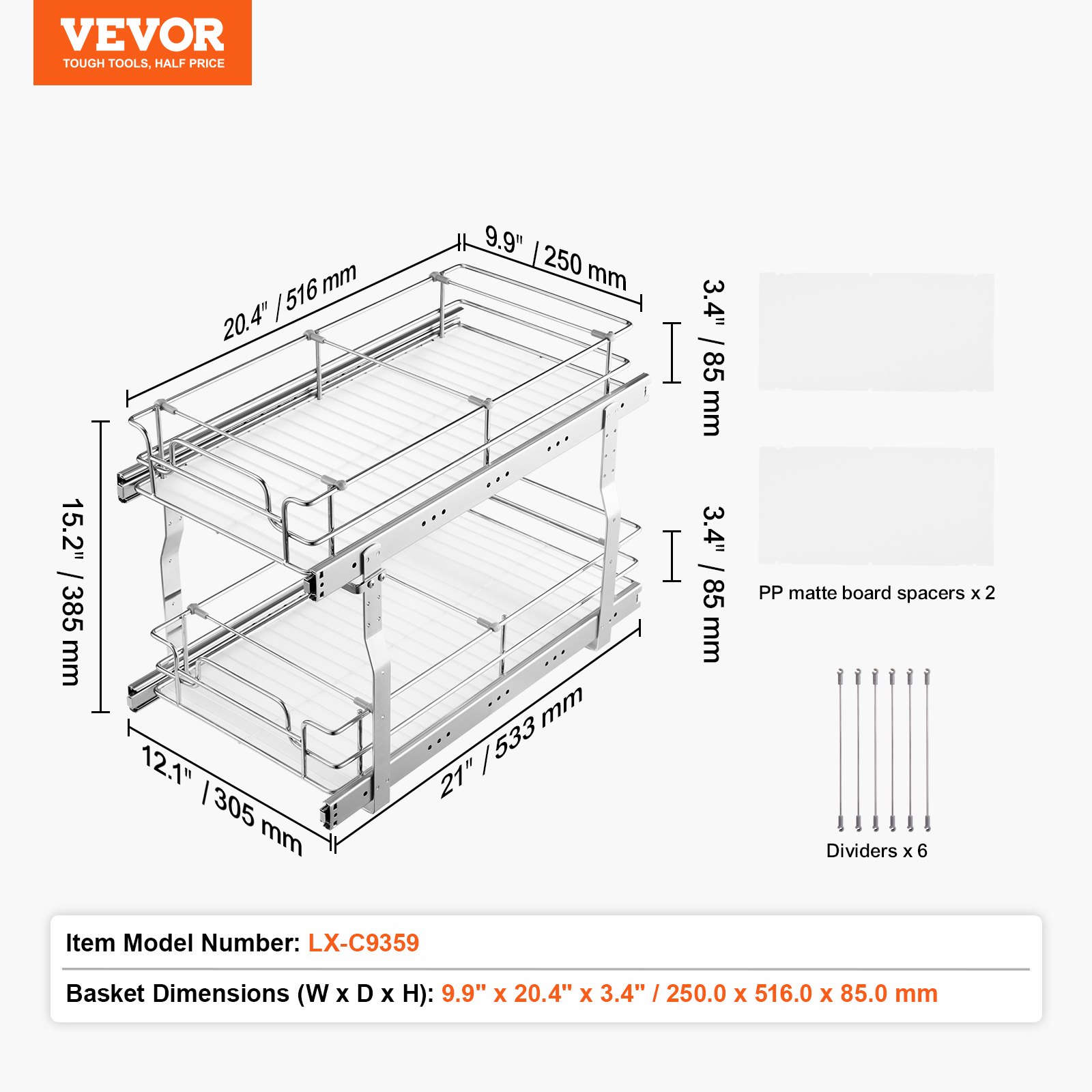12"Wx21"Dx15"H Pull Out Cabinet Organizer, Heavy Duty Slide Out Pantry Shelves, Steel Roll Out Drawers, Sliding Drawer Storage for Home Under Sink, 13.5"Wx22"Dx18"H Install Size for Cabinet - Image 7