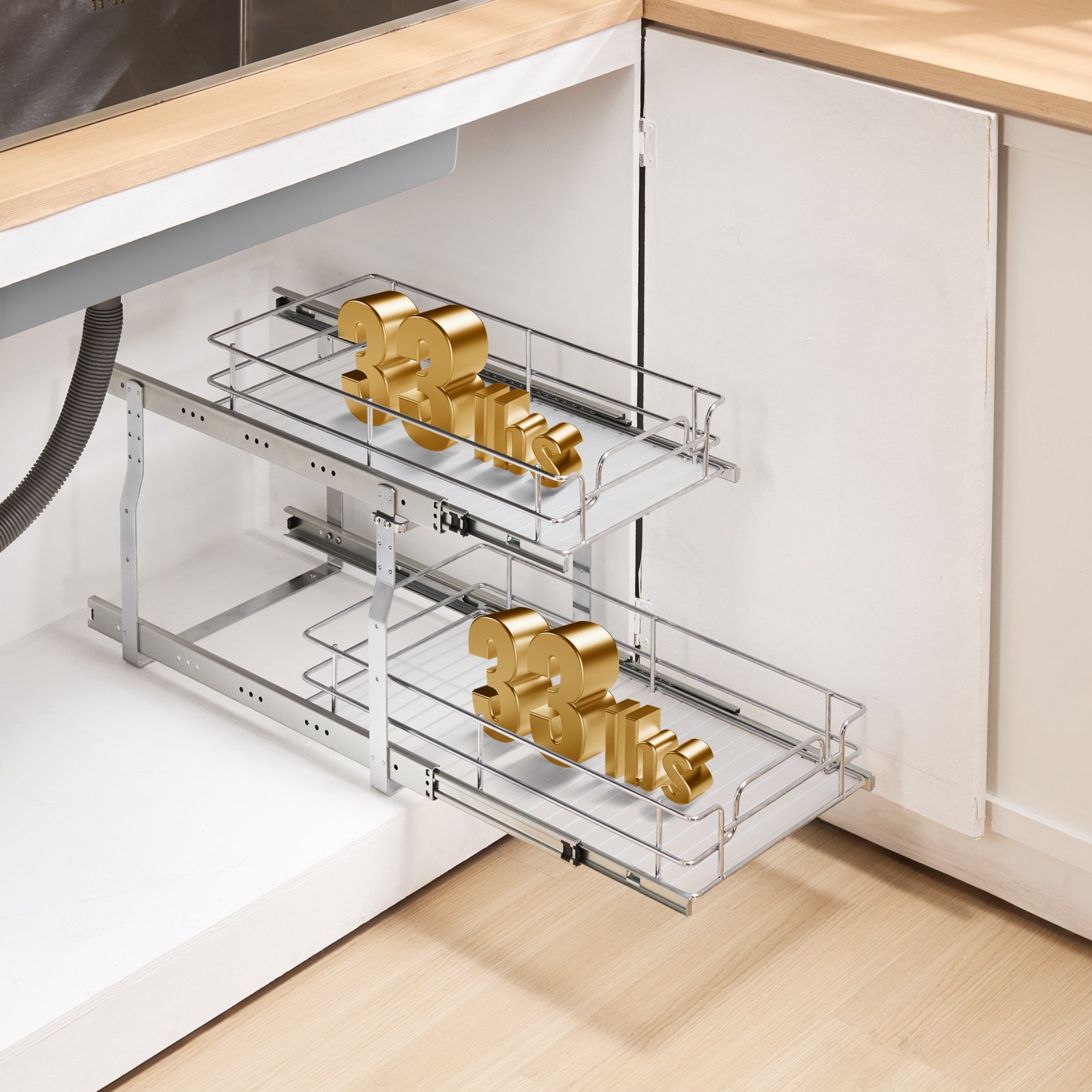 12"Wx21"Dx15"H Pull Out Cabinet Organizer, Heavy Duty Slide Out Pantry Shelves, Steel Roll Out Drawers, Sliding Drawer Storage for Home Under Sink, 13.5"Wx22"Dx18"H Install Size for Cabinet - Image 8