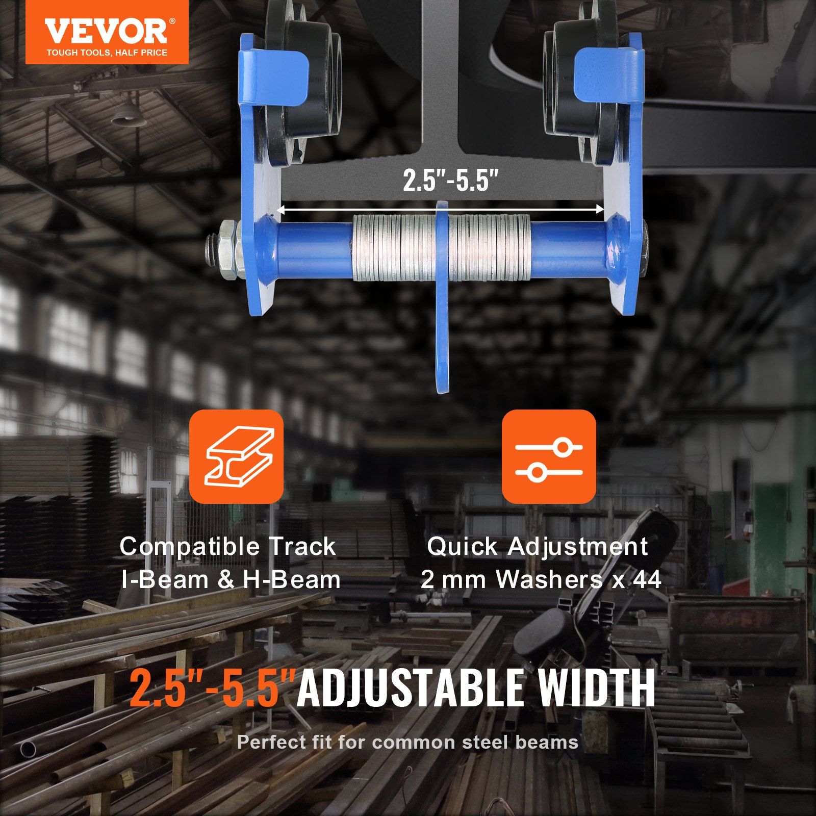 Manual Trolley, 0.5 Ton Load Capacity Push Beam Trolley with Dual Wheels, Adjustable for I-Beam Flange Width 63.5 mm to 139.7 mm, Heavy Duty Alloy Steel Garage Hoist for Straight Curved I Beam - Image 2