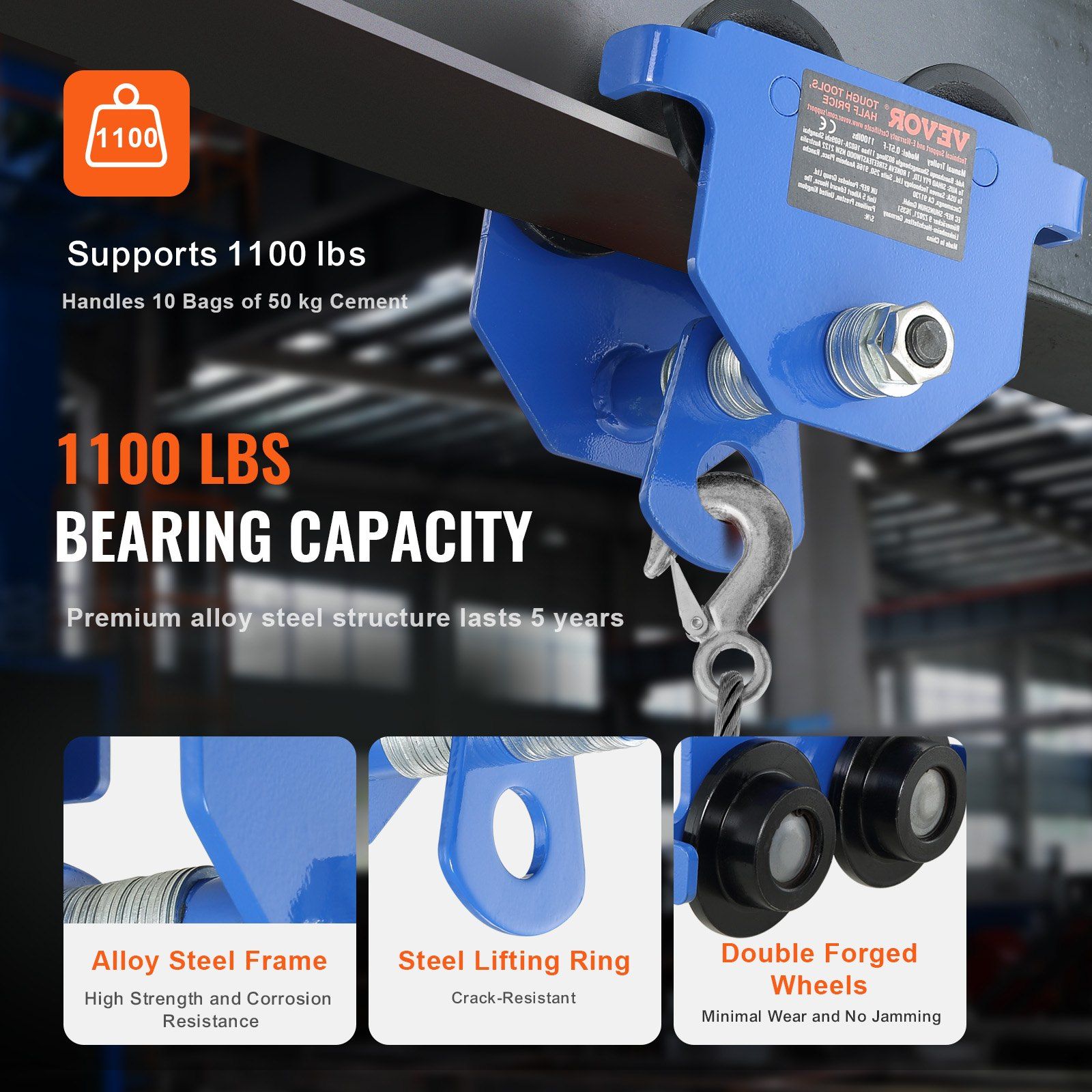 Manual Trolley, 0.5 Ton Load Capacity Push Beam Trolley with Dual Wheels, Adjustable for I-Beam Flange Width 63.5 mm to 139.7 mm, Heavy Duty Alloy Steel Garage Hoist for Straight Curved I Beam - Image 3
