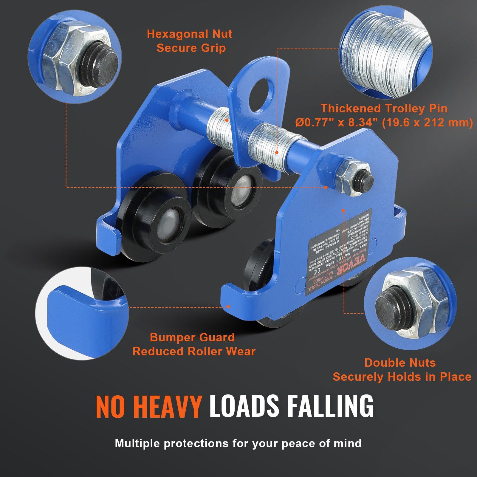 Manual Trolley, 0.5 Ton Load Capacity Push Beam Trolley with Dual Wheels, Adjustable for I-Beam Flange Width 63.5 mm to 139.7 mm, Heavy Duty Alloy Steel Garage Hoist for Straight Curved I Beam - Image 4