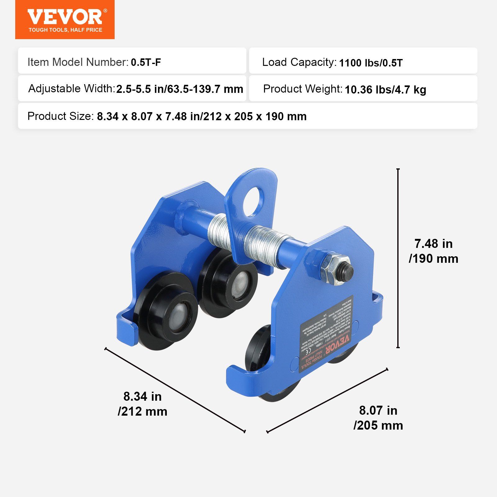 Manual Trolley, 0.5 Ton Load Capacity Push Beam Trolley with Dual Wheels, Adjustable for I-Beam Flange Width 63.5 mm to 139.7 mm, Heavy Duty Alloy Steel Garage Hoist for Straight Curved I Beam - Image 7