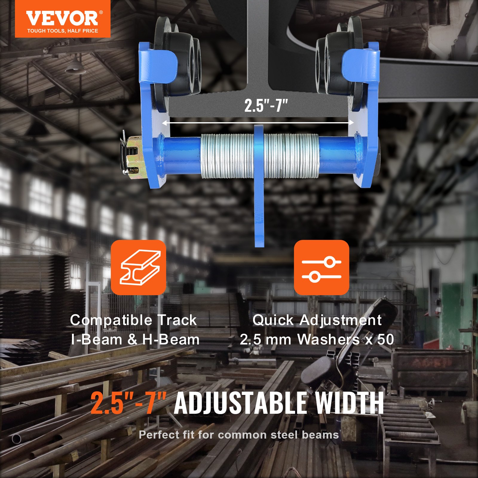 Manual Trolley, 2 Ton Load Capacity, Push Beam Trolley with Dual Wheels, Adjustable for I-Beam Flange Width 63.5 mm to 177.8 mm, Heavy Duty Alloy Steel Garage Hoist for Straight Curved I Beam - Image 2
