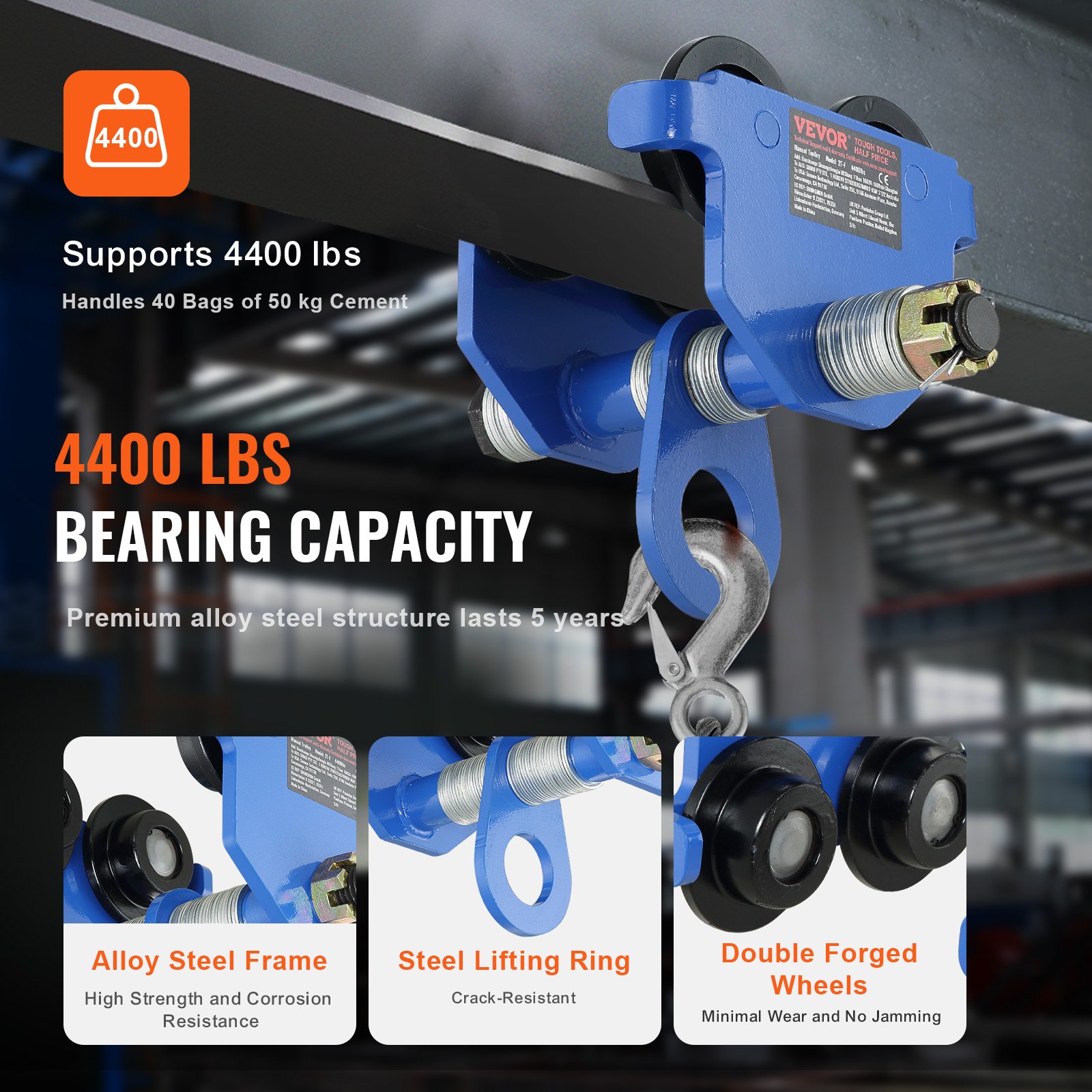 Manual Trolley, 2 Ton Load Capacity, Push Beam Trolley with Dual Wheels, Adjustable for I-Beam Flange Width 63.5 mm to 177.8 mm, Heavy Duty Alloy Steel Garage Hoist for Straight Curved I Beam - Image 3