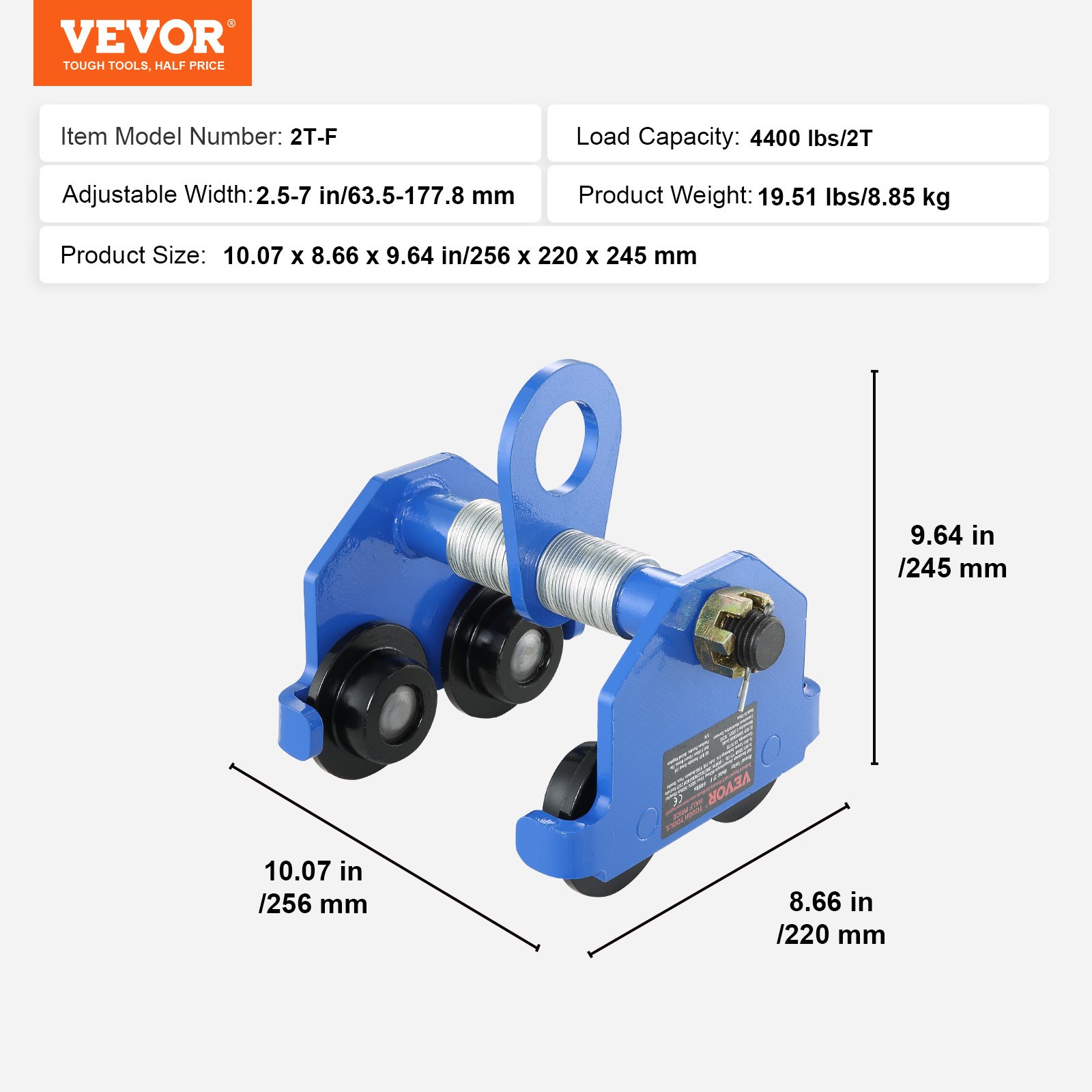 Manual Trolley, 2 Ton Load Capacity, Push Beam Trolley with Dual Wheels, Adjustable for I-Beam Flange Width 63.5 mm to 177.8 mm, Heavy Duty Alloy Steel Garage Hoist for Straight Curved I Beam - Image 7
