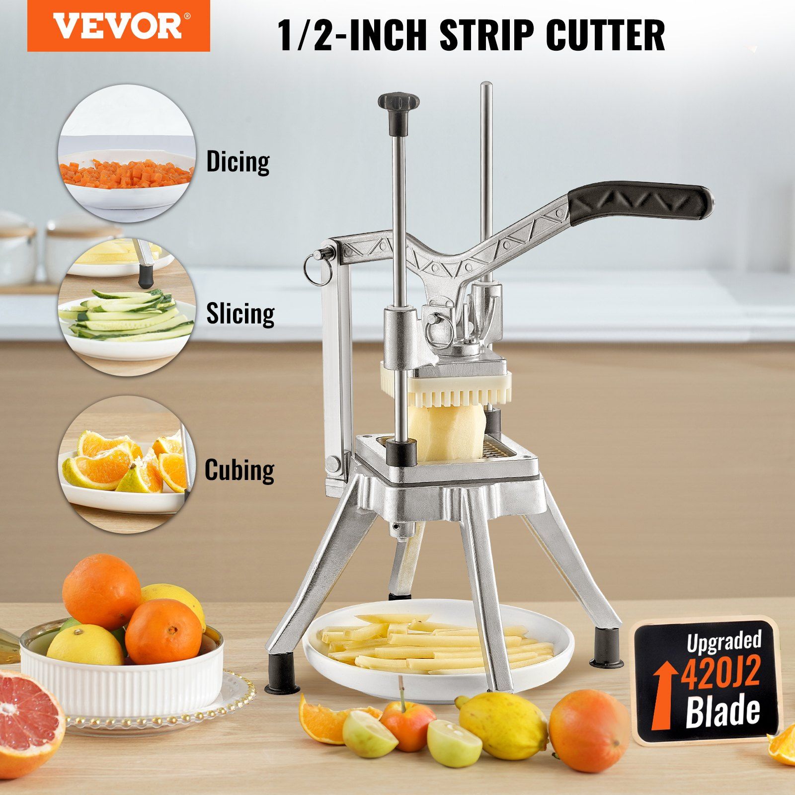 Commercial Vegetable Fruit Chopper 1/2″ Blade Heavy Duty Professional Food Dicer Kattex French Fry Cutter Onion Slicer Stainless Steel for Tomato Peppers Potato Mushroom, Sliver - Image 2