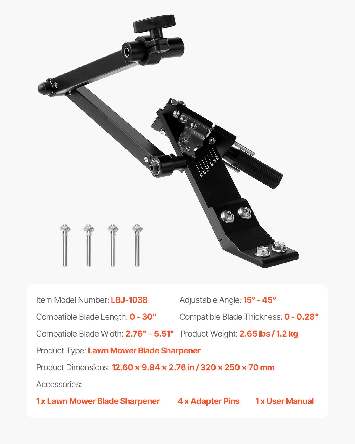 Lawn Mower Blade Sharpener, 15° - 45° Adjustable Lawnmower Blade Sharpening Tool with 4 Adapter Pins, Ball Bearing Design & 25mm Enlarged Handle, Compatible with Most Angle Grinders - Image 7
