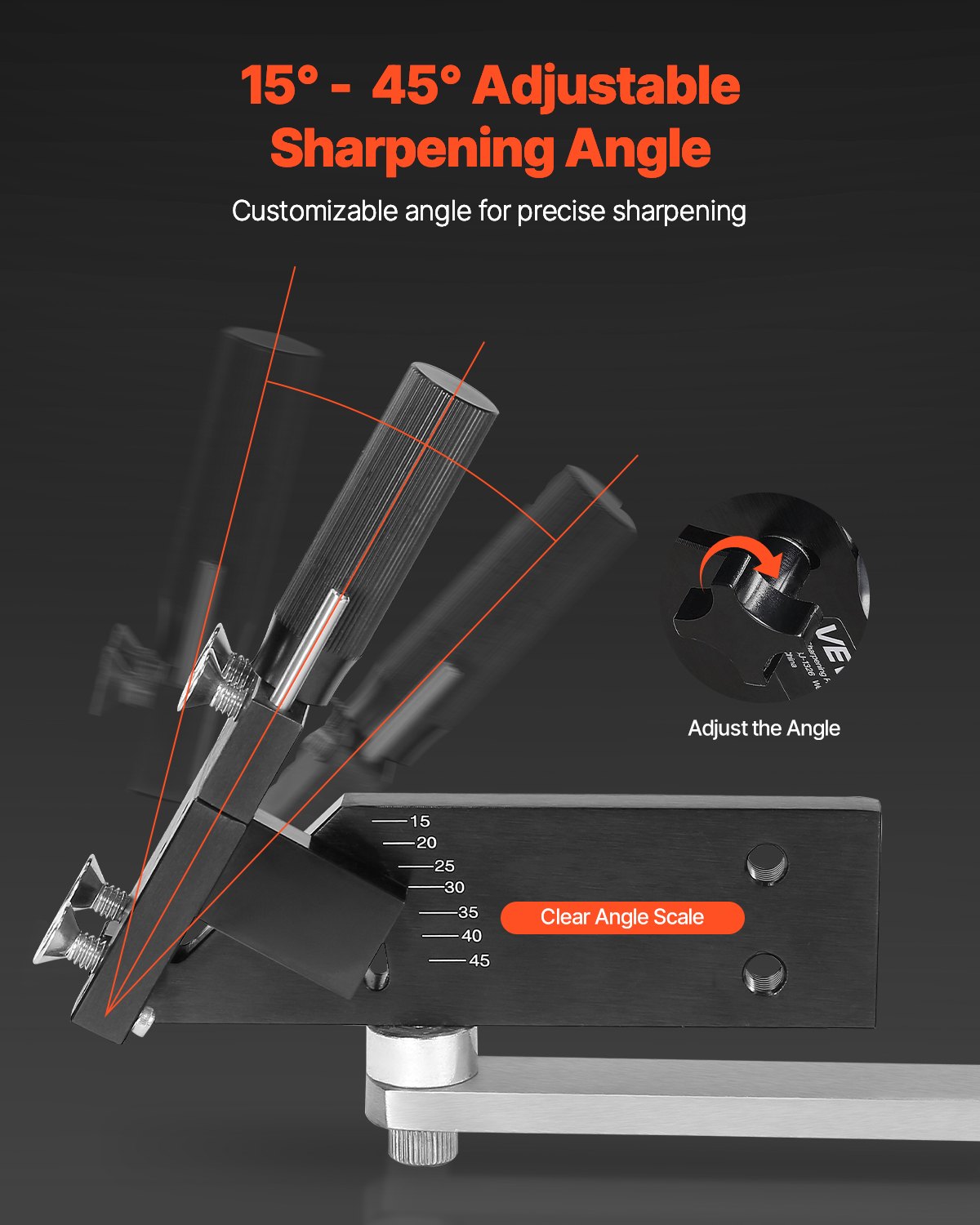Lawn Mower Blade Sharpener and Balancer, 15° - 45° Adjustable Lawnmower Blade Sharpening Tool with 4 Adapter Pins, Ball Bearings & 25mm Enlarged Handle, Compatible with Most Angle Grinders - Image 4