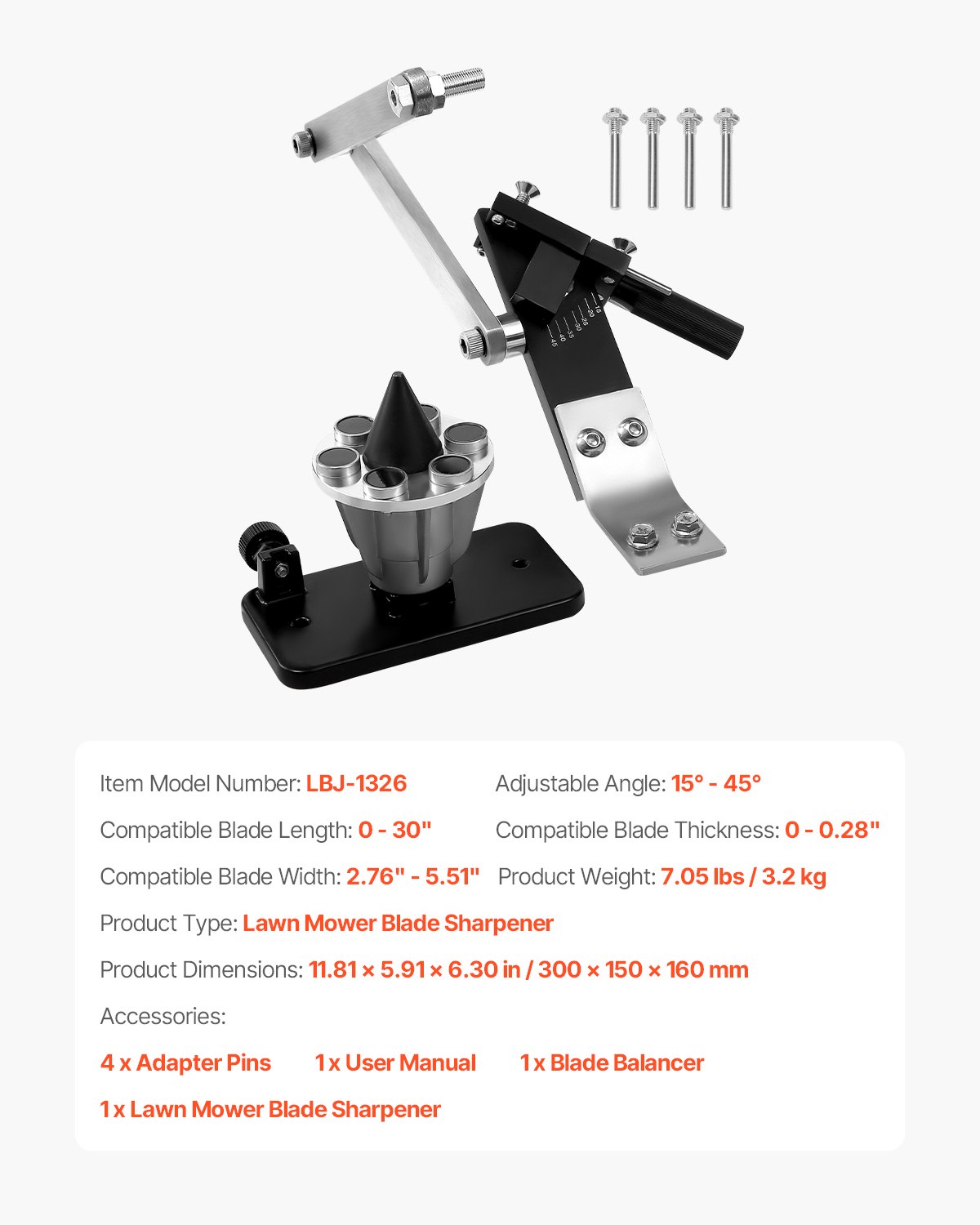 Lawn Mower Blade Sharpener and Balancer, 15° - 45° Adjustable Lawnmower Blade Sharpening Tool with 4 Adapter Pins, Ball Bearings & 25mm Enlarged Handle, Compatible with Most Angle Grinders - Image 7