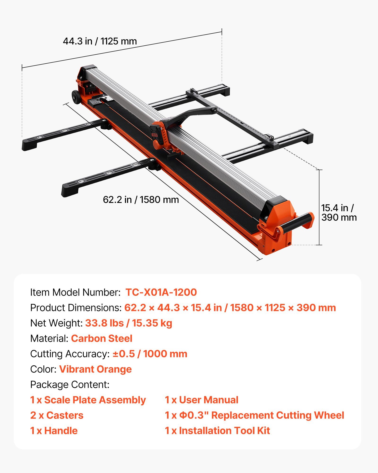 1200 mm Manual Tile Cutter, Upgraded Rail and Sliding Head, Precision Alignment Guide, Tungsten Carbide Cutting Wheel, Support Legs with Swivel Wheels, for DIY Pros, Ceramic, Floor & Wall Tiles - Image 7