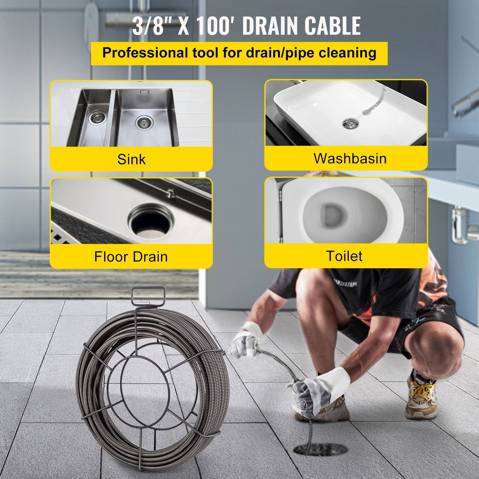 Drain Cleaning Cable 100 Feet x 3/8 Inch Solid Core Cable Sewer Cable Drain Auger Cable Cleaner Snake Clog Pipe Drain Cleaning Cable Sewer Drain Auger Snake Pipe - Image 2