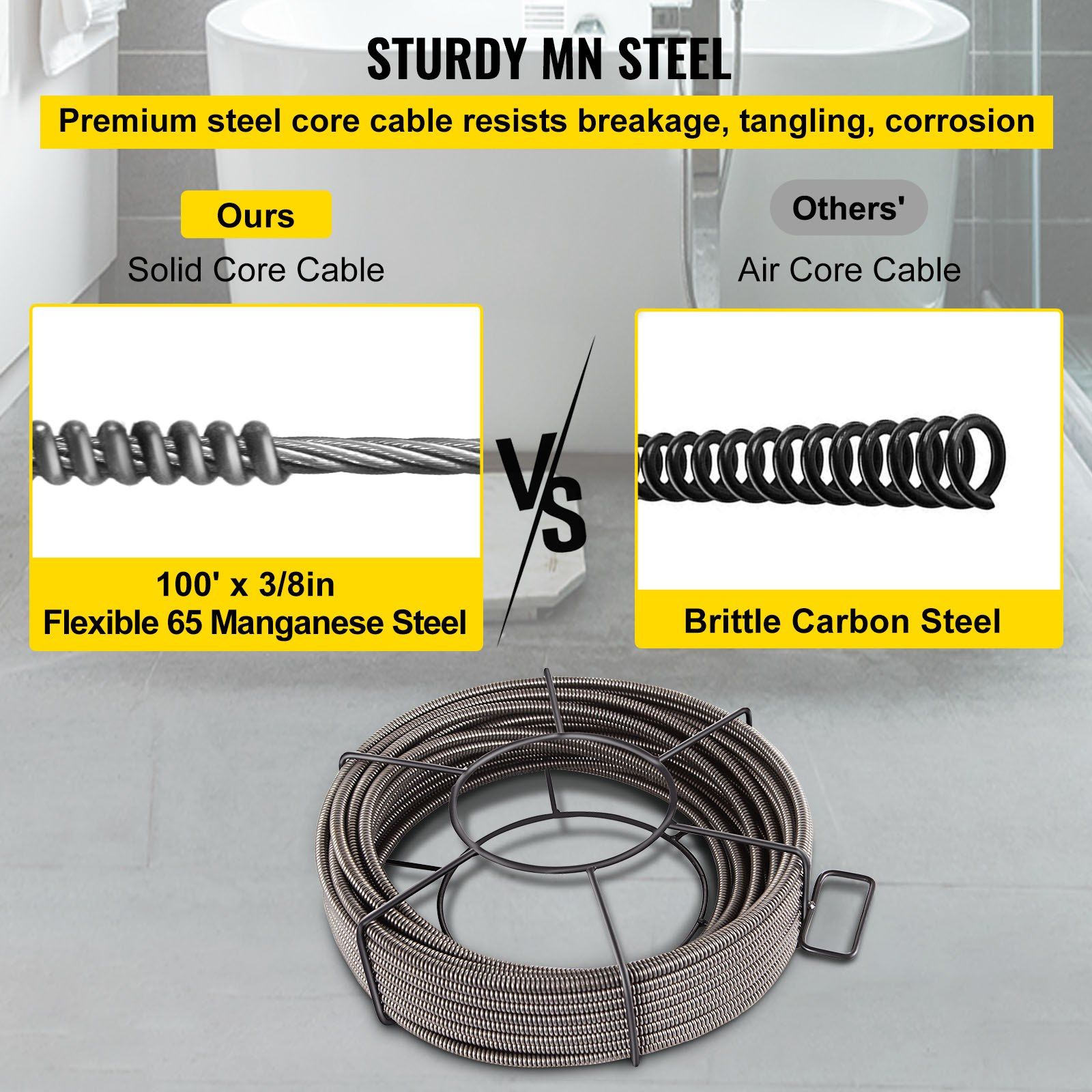 Drain Cleaning Cable 100 Feet x 3/8 Inch Solid Core Cable Sewer Cable Drain Auger Cable Cleaner Snake Clog Pipe Drain Cleaning Cable Sewer Drain Auger Snake Pipe - Image 4