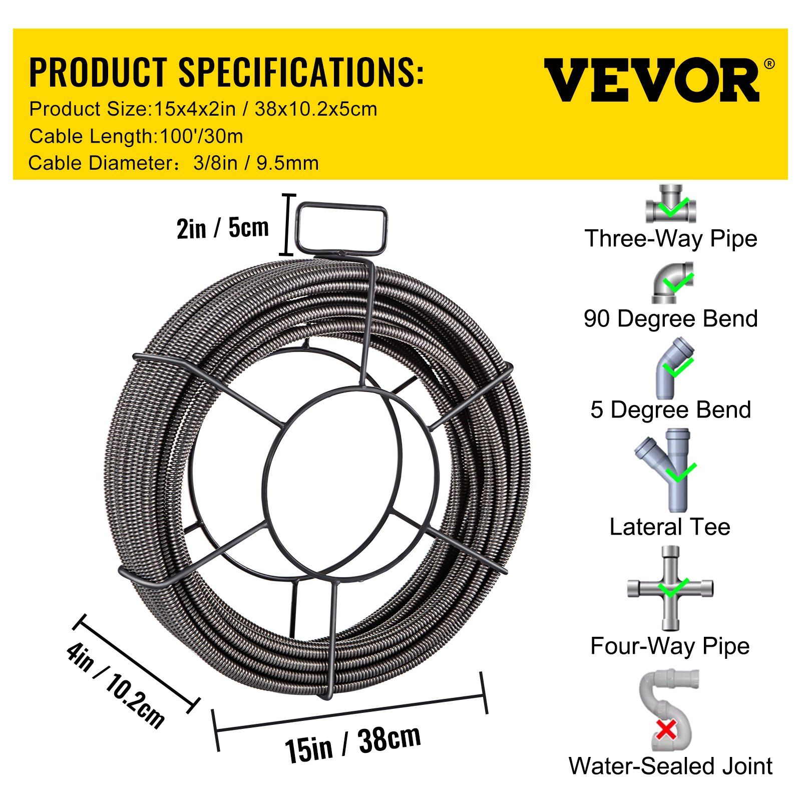 Drain Cleaning Cable 100 Feet x 3/8 Inch Solid Core Cable Sewer Cable Drain Auger Cable Cleaner Snake Clog Pipe Drain Cleaning Cable Sewer Drain Auger Snake Pipe - Image 7