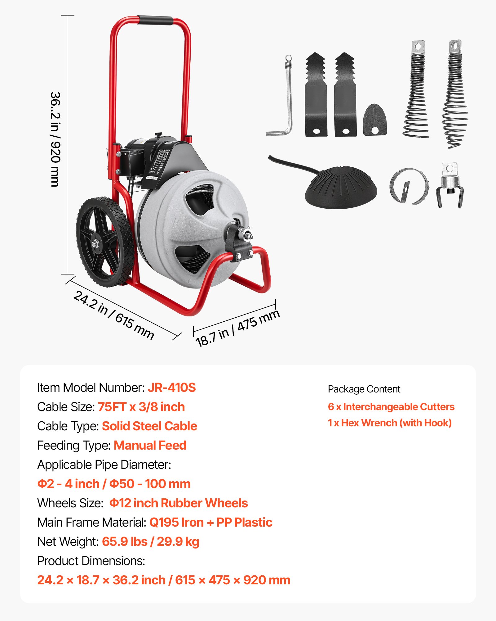 Drain Cleaner Machine 22m x 9.5mm, Sewer Snake Auger Manual Feed on Wheels, Portable Drain Cleaning Machine with 6 Cutters & Air-activated Foot Switch for 50mm to 100mm Pipes - Image 7