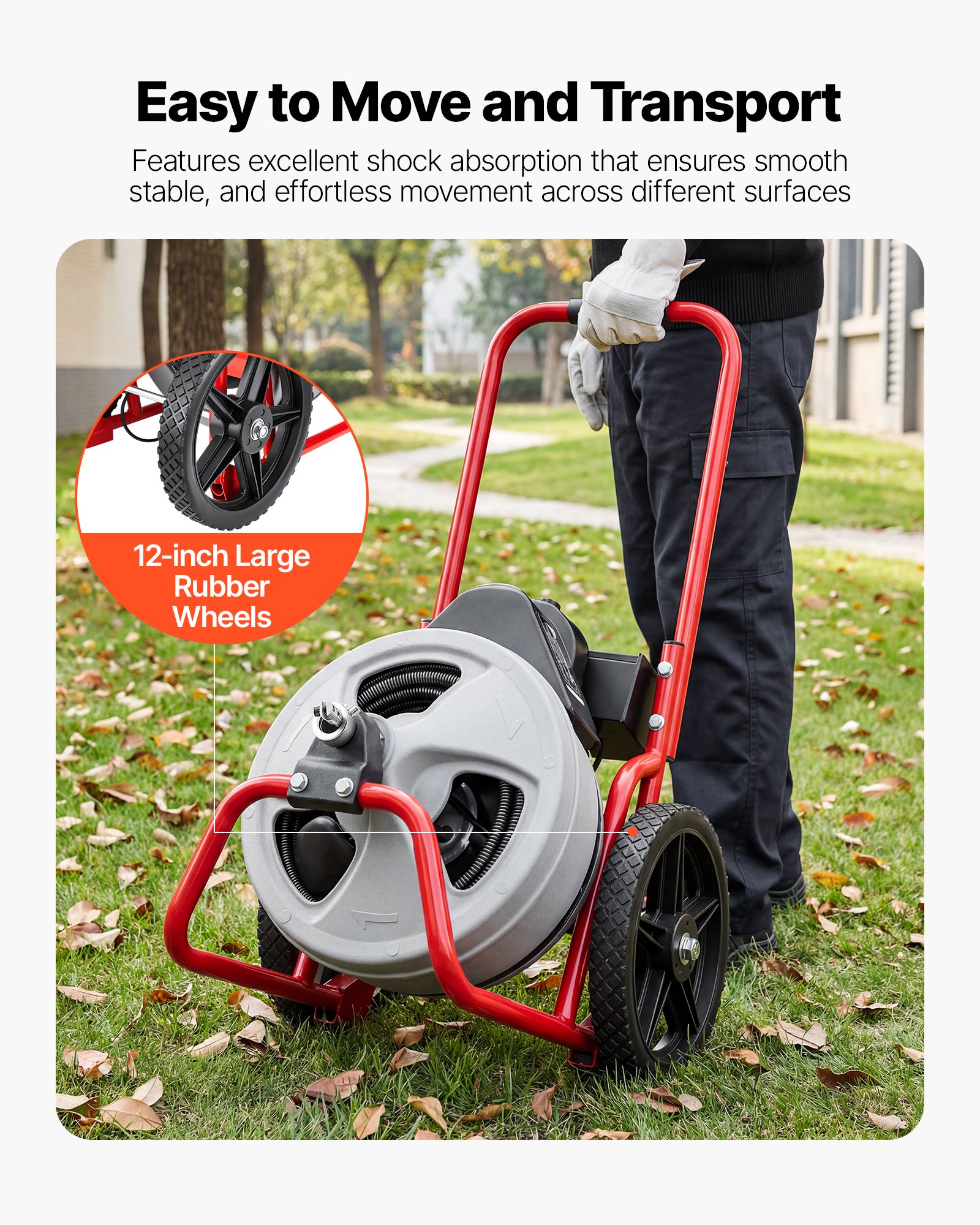 Drain Cleaner Machine 22m x 9.5mm, Sewer Snake Auger Manual Feed on Wheels, Portable Drain Cleaning Machine with 6 Cutters & Air-activated Foot Switch for 50mm to 100mm Pipes - Image 8