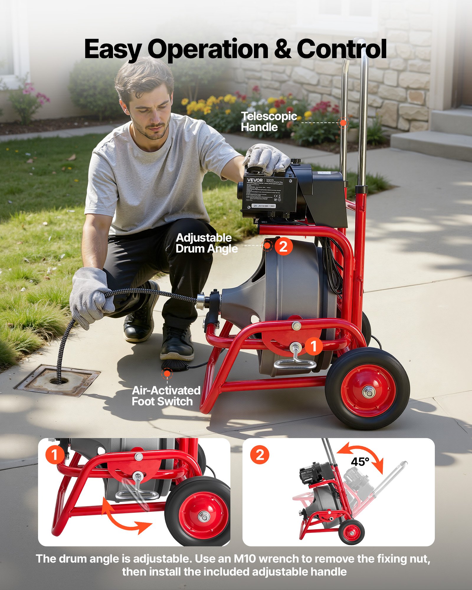 Drain Cleaner Machine 22m x 12.7mm, Sewer Snake Auger on Wheels, Manual Feed Drain Cleaning Machine with Adjustable Drum Angle, 6 Cutters & Air-activated Foot Switch for 50mm to 150mm Pipes - Image 5