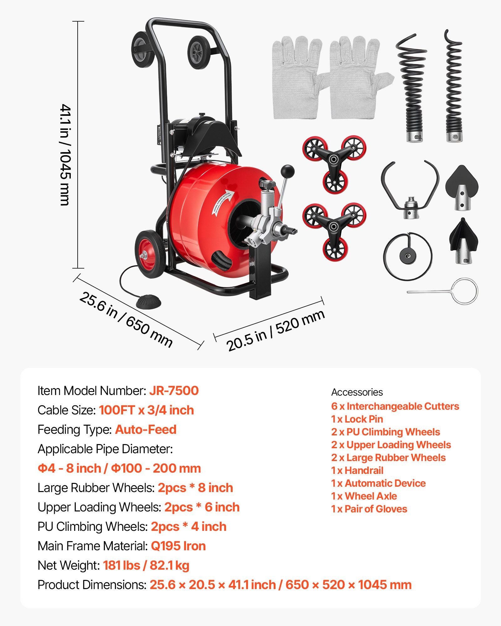 Drain Cleaner Machine 30m x 19mm, Auto Feed Sewer Snake Auger, Portable Drain Cleaning Machine with Multi-Wheel Combination, 6 Cutters & Air-Activated Foot Switch for 100mm to 200mm Pipes - Image 7
