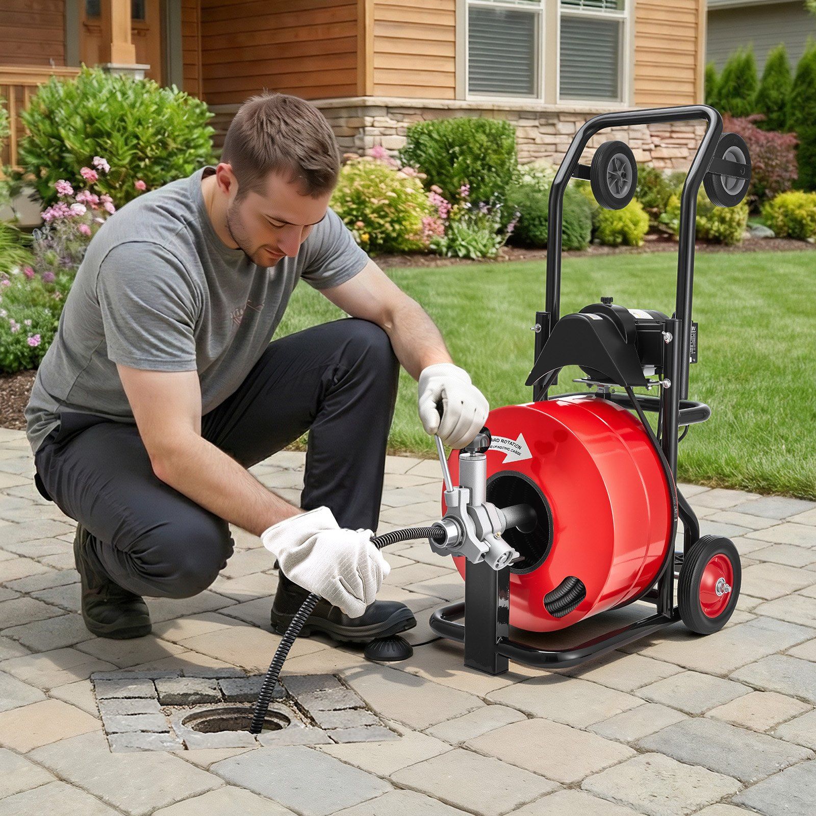 Drain Cleaner Machine 30m x 19mm, Auto Feed Sewer Snake Auger, Portable Drain Cleaning Machine with Multi-Wheel Combination, 6 Cutters & Air-Activated Foot Switch for 100mm to 200mm Pipes - Image 8
