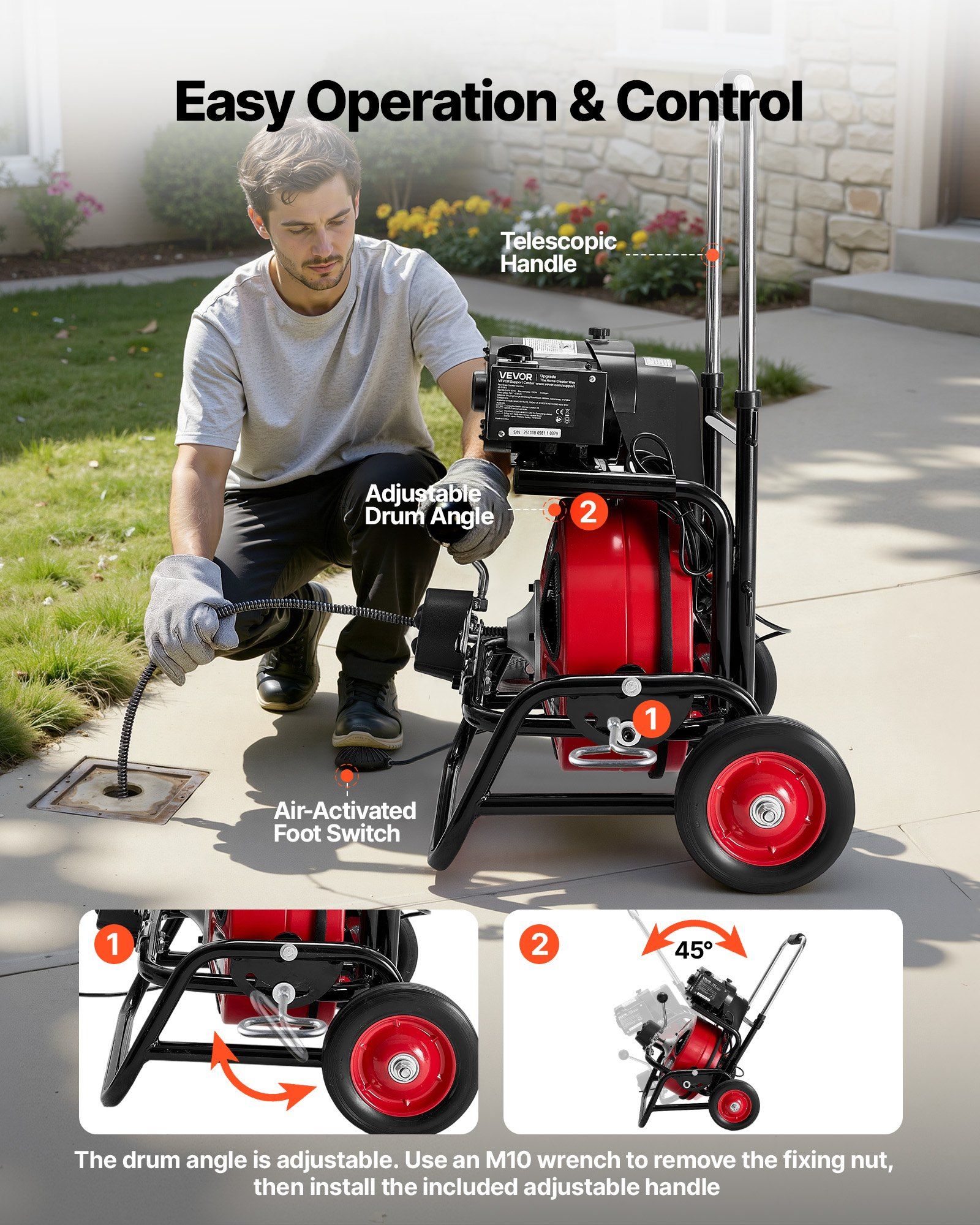 Drain Cleaner Machine 22m x 12.7mm, Auto Feed Sewer Snake Auger, Portable Drain Cleaning Machine with Climbing Wheels, Adjustable Drum, 8 Cutters & Foot Switch for 50mm to 150mm Pipes - Image 5