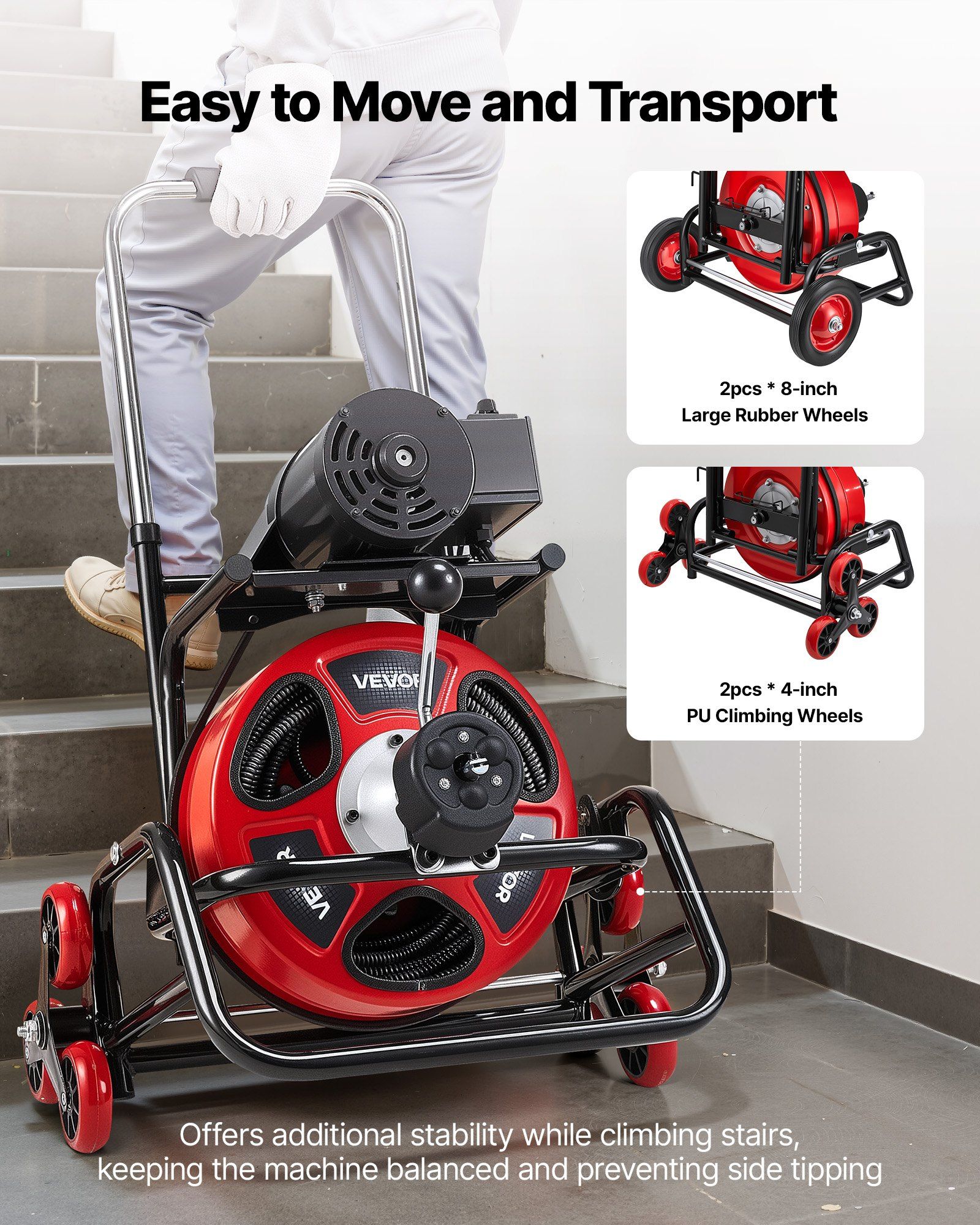 Drain Cleaner Machine 22m x 12.7mm, Auto Feed Sewer Snake Auger, Portable Drain Cleaning Machine with Climbing Wheels, Adjustable Drum, 8 Cutters & Foot Switch for 50mm to 150mm Pipes - Image 8