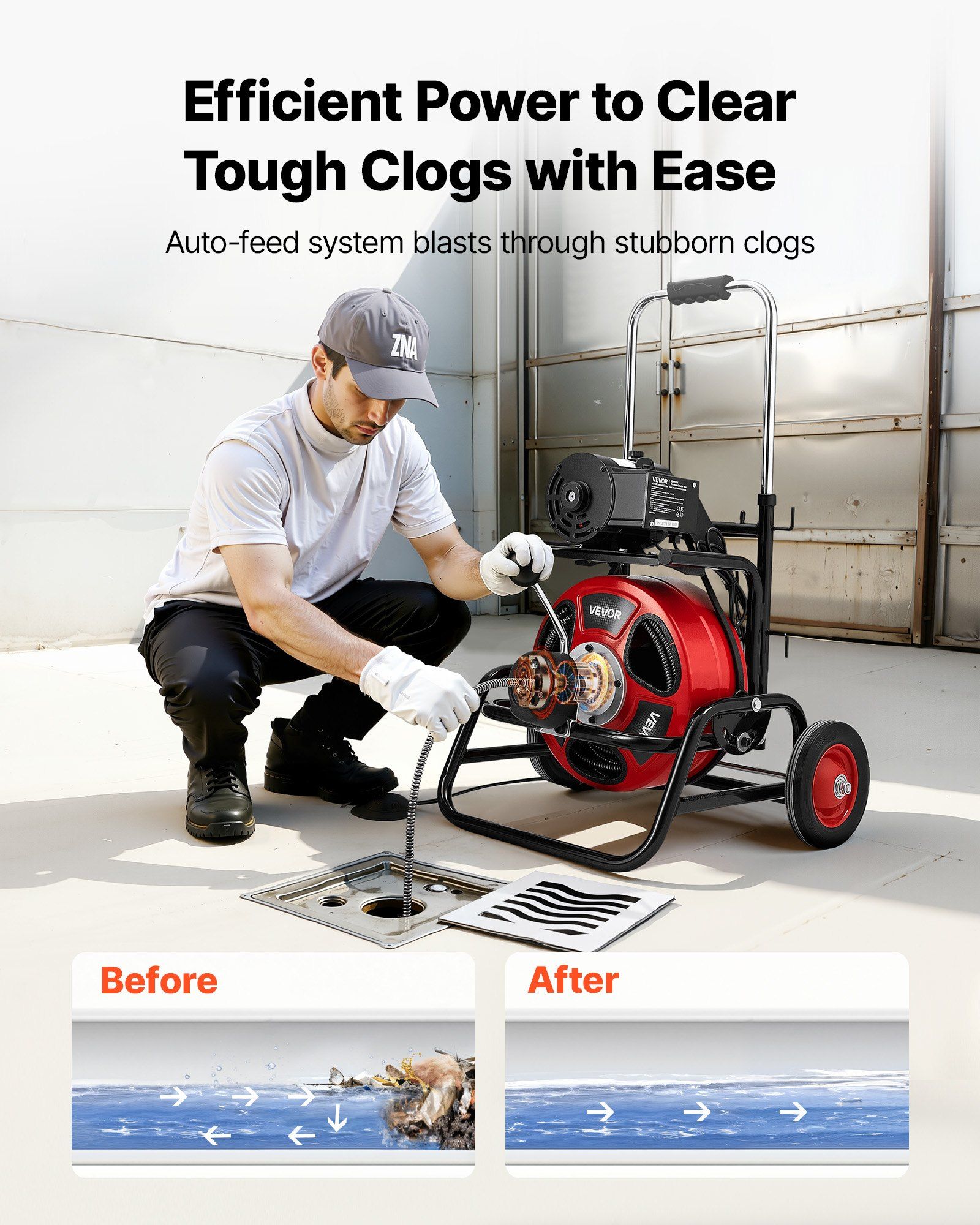 Drain Cleaner Machine 30m x 9.5mm, Auto Feed Sewer Snake Auger, Portable Drain Cleaning Machine with Climbing Wheels, Adjustable Drum, 8 Cutters & Foot Switch for 50mm to 100mm Pipes - Image 2