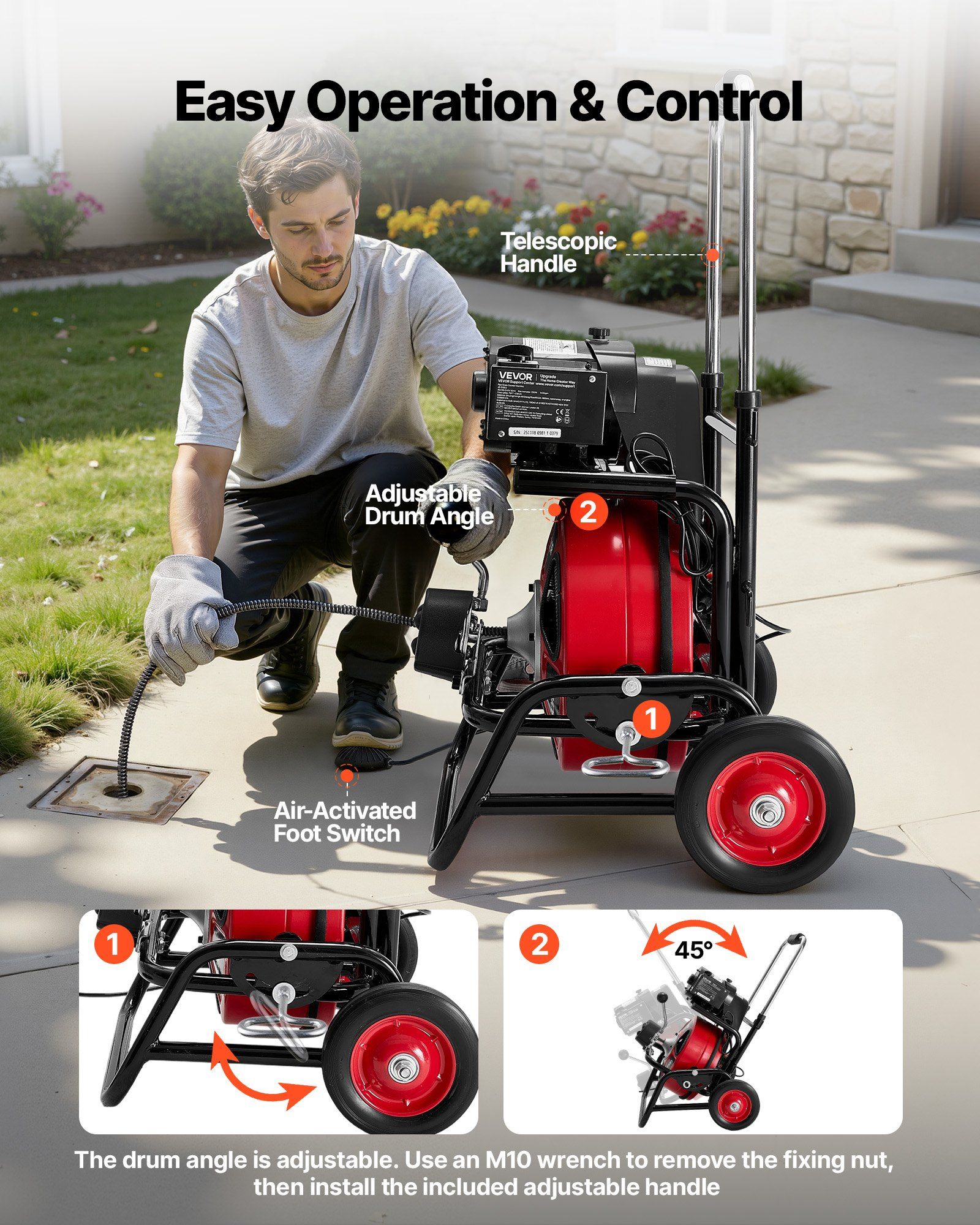 Drain Cleaner Machine 30m x 9.5mm, Auto Feed Sewer Snake Auger, Portable Drain Cleaning Machine with Climbing Wheels, Adjustable Drum, 8 Cutters & Foot Switch for 50mm to 100mm Pipes - Image 5
