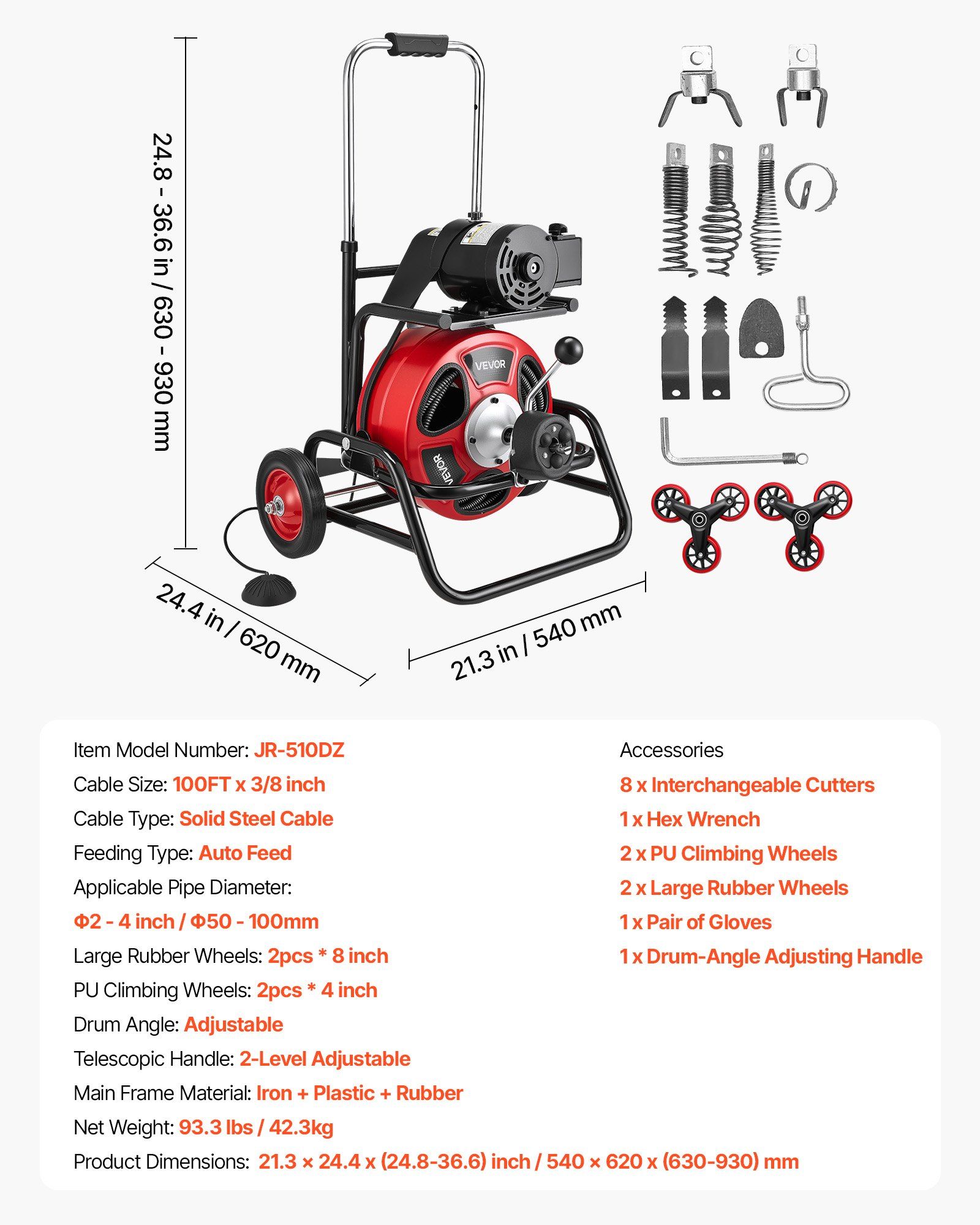 Drain Cleaner Machine 30m x 9.5mm, Auto Feed Sewer Snake Auger, Portable Drain Cleaning Machine with Climbing Wheels, Adjustable Drum, 8 Cutters & Foot Switch for 50mm to 100mm Pipes - Image 7