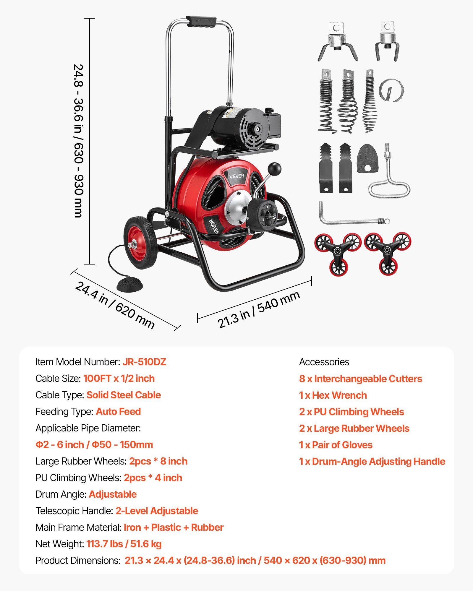Drain Cleaner Machine 30m x 12.7mm, Auto Feed Sewer Snake Auger, Portable Drain Cleaning Machine with Climbing Wheels, Adjustable Drum, 8 Cutters & Foot Switch for 50mm to 150mm Pipes - Image 7