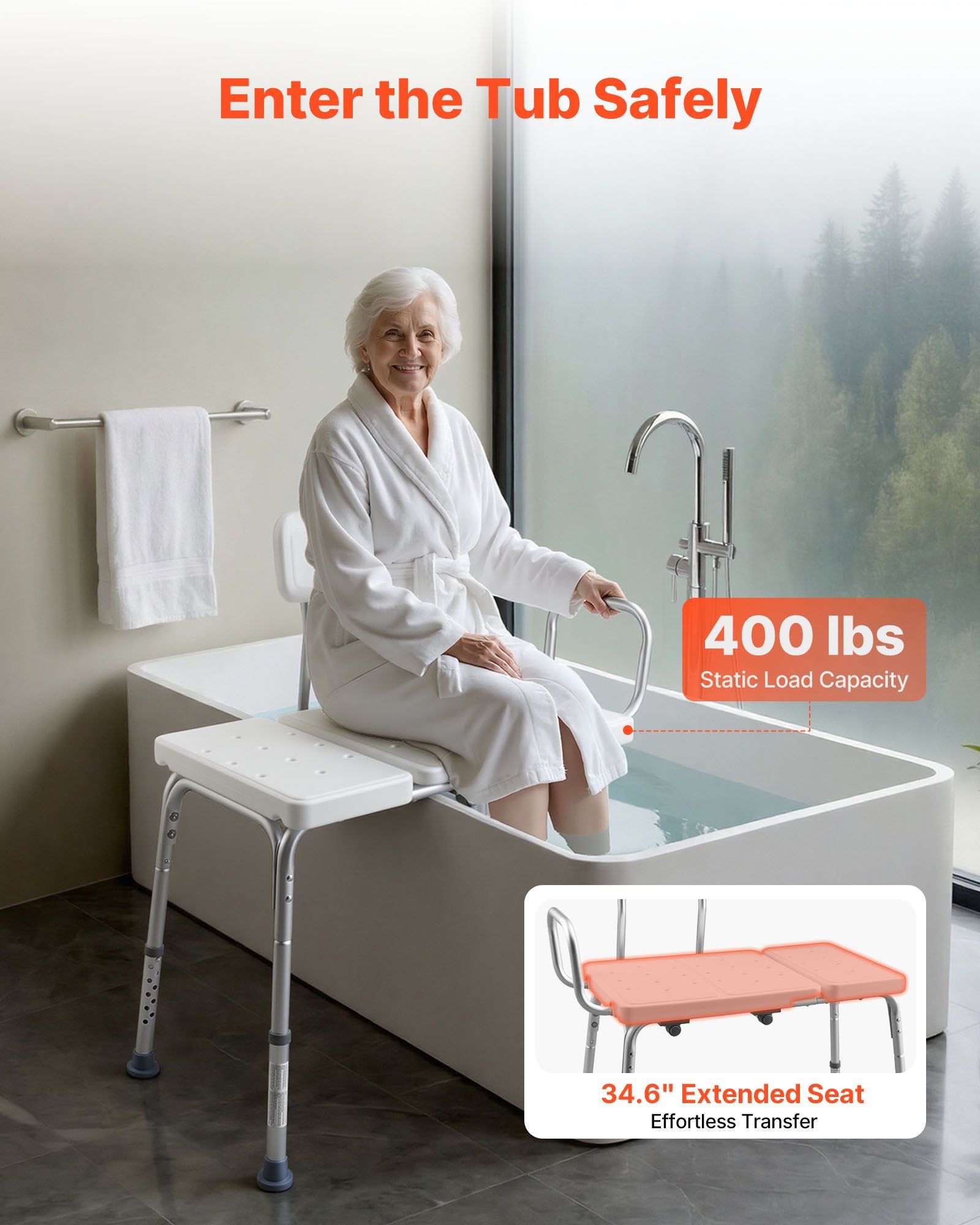Tub Transfer Bench for Bathtub, 180 kg Capacity Heavy Duty Shower Chair with Arm, Backrest and Curtain Slot, Height Adjustable Shower Bench Bath Seat for Adults, Seniors, Elderly and Disabled - Image 2