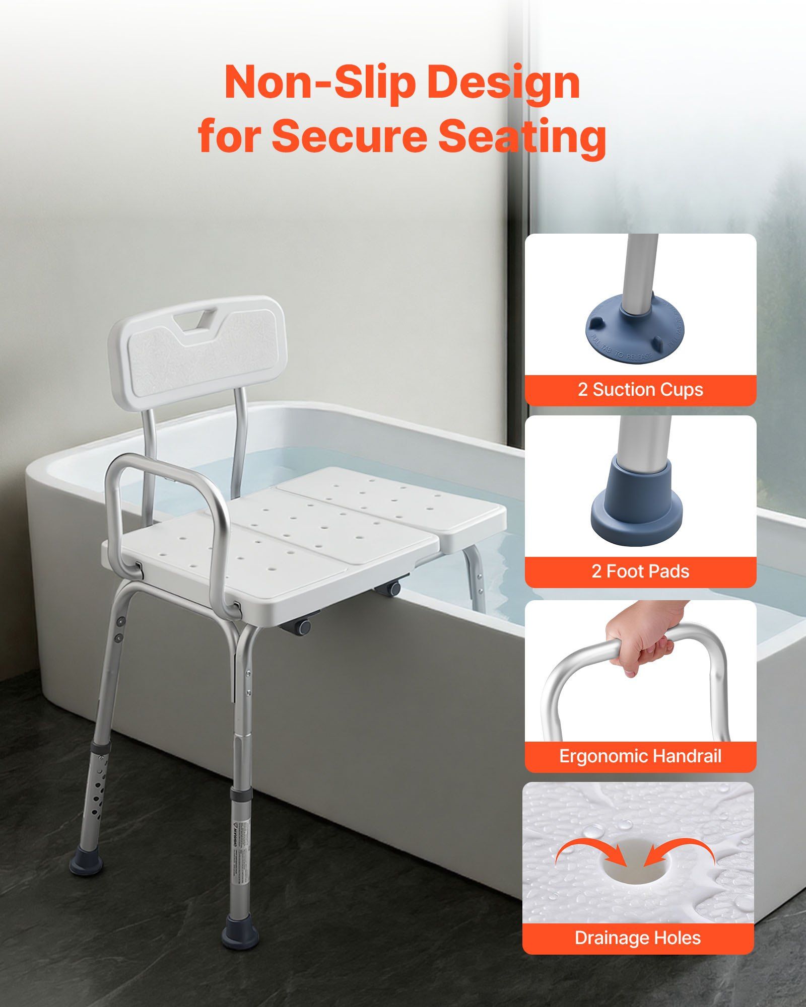 Tub Transfer Bench for Bathtub, 180 kg Capacity Heavy Duty Shower Chair with Arm, Backrest and Curtain Slot, Height Adjustable Shower Bench Bath Seat for Adults, Seniors, Elderly and Disabled - Image 5