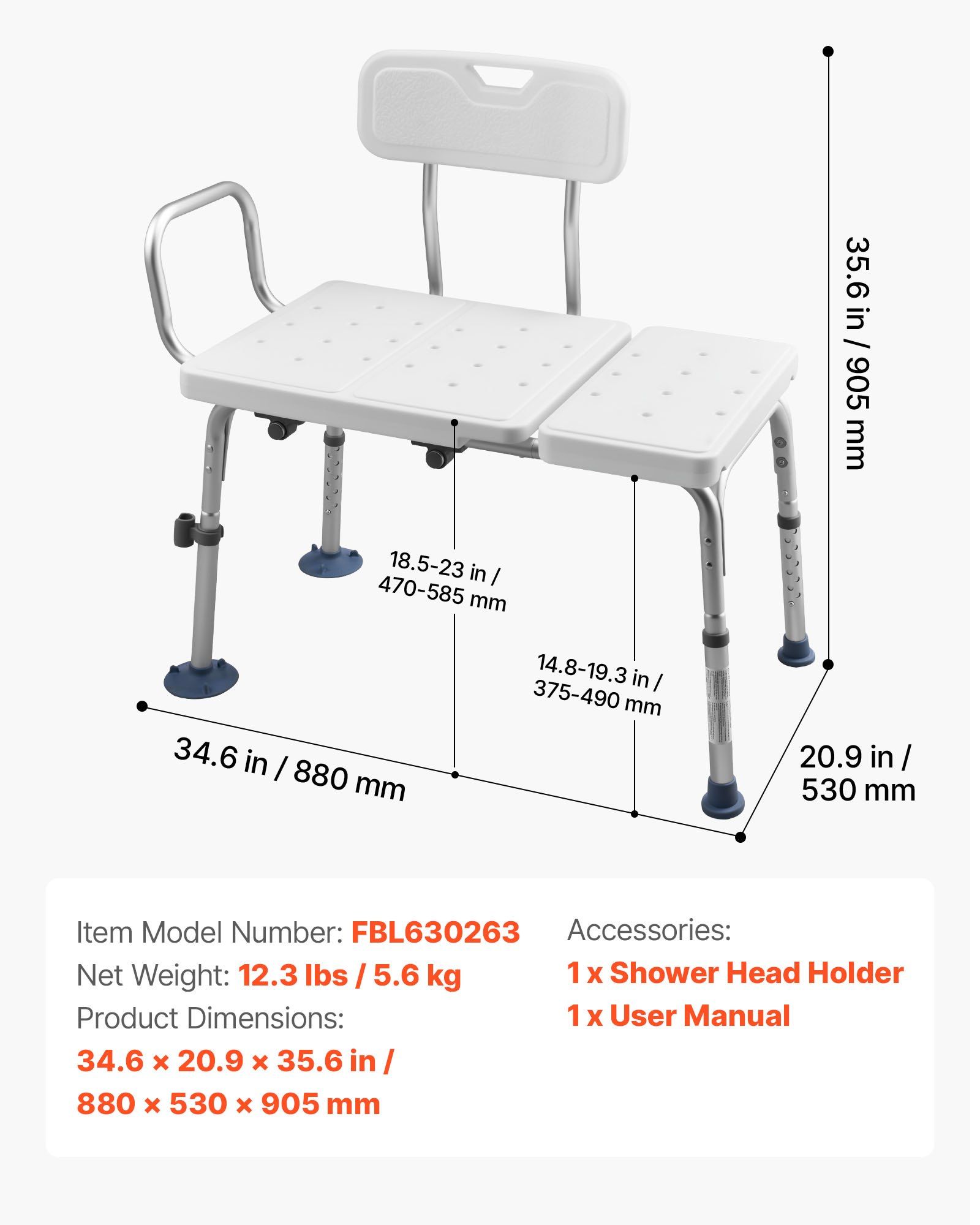 Tub Transfer Bench for Bathtub, 180 kg Capacity Heavy Duty Shower Chair with Arm, Backrest and Curtain Slot, Height Adjustable Shower Bench Bath Seat for Adults, Seniors, Elderly and Disabled - Image 7