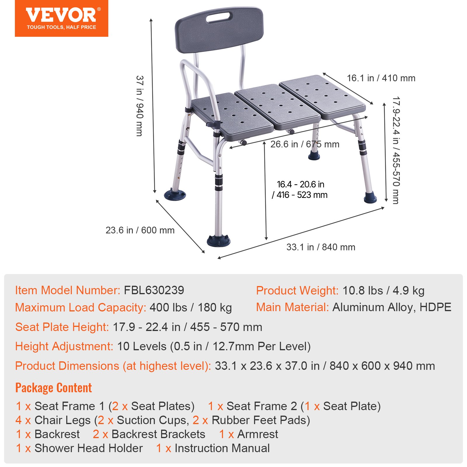 Tub Transfer Bench for Bathtub, Adjustable Shower Seats for Adults, Lightweight Shower Bench for Elderly and Disabled, Non-Slip Bath Seats with Armrest and Reversible Backrest, 400lbs Capacity - Image 7