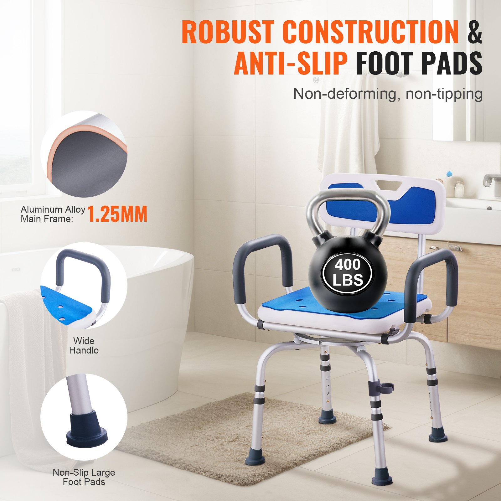 Swivel Shower Chair 360 Degree, Adjustable Shower Seat with Armrests and Backrest for Inside Shower or Bathtub, Non-Slip Rotating Bathtub Chair Seat for Elderly Disabled Injured, 400lbs Capacity - Image 4
