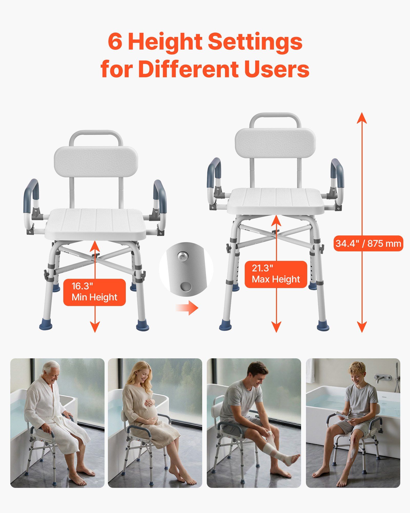 Swivel Shower Chair with Arms and Back, 227 kg Load Heavy Duty Bench Seat for Inside Shower Stall and Bathtub, Height Adjustable Bathroom Bath Tub Seat for Adults, Seniors, Elderly and Disabled - Image 4