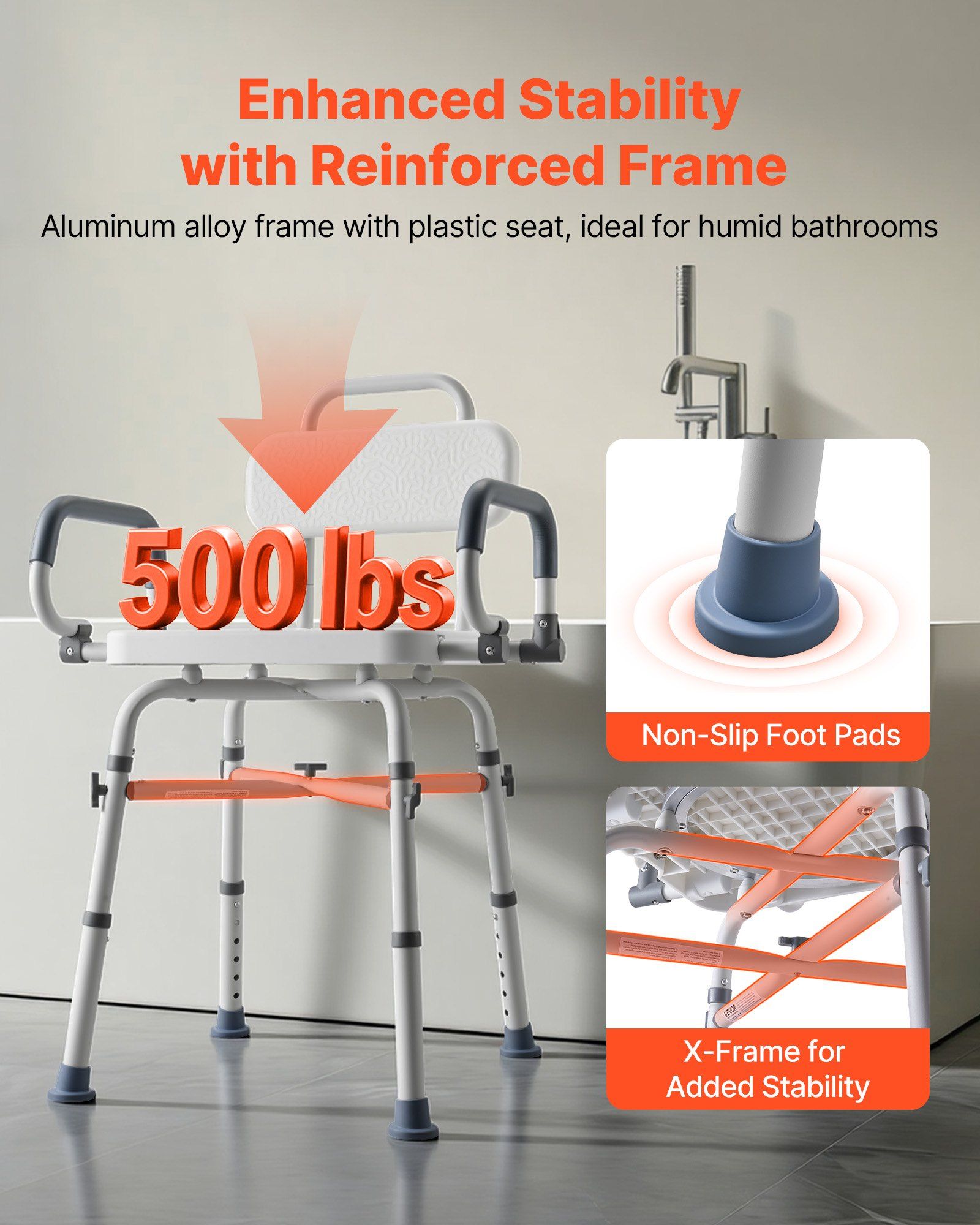 Swivel Shower Chair with Arms and Back, 227 kg Load Heavy Duty Bench Seat for Inside Shower Stall and Bathtub, Height Adjustable Bathroom Bath Tub Seat for Adults, Seniors, Elderly and Disabled - Image 5