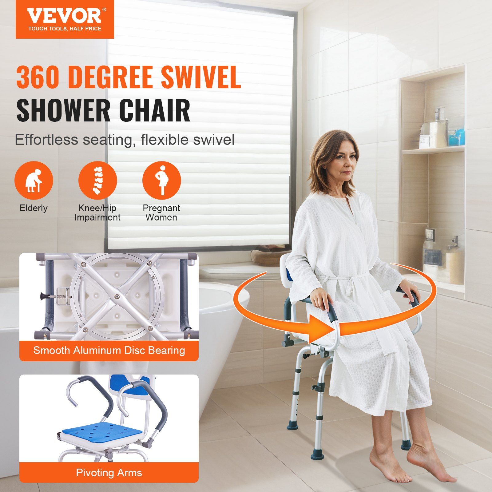 Swivel Shower Chair 360 Degree, Adjustable Shower Seat with Pivoting Arms for Inside Showers or Tubs, Non-Slip Rotating Bathtub Shower Chair for Elderly Disabled Injured, 400LBS Capacity - Image 2