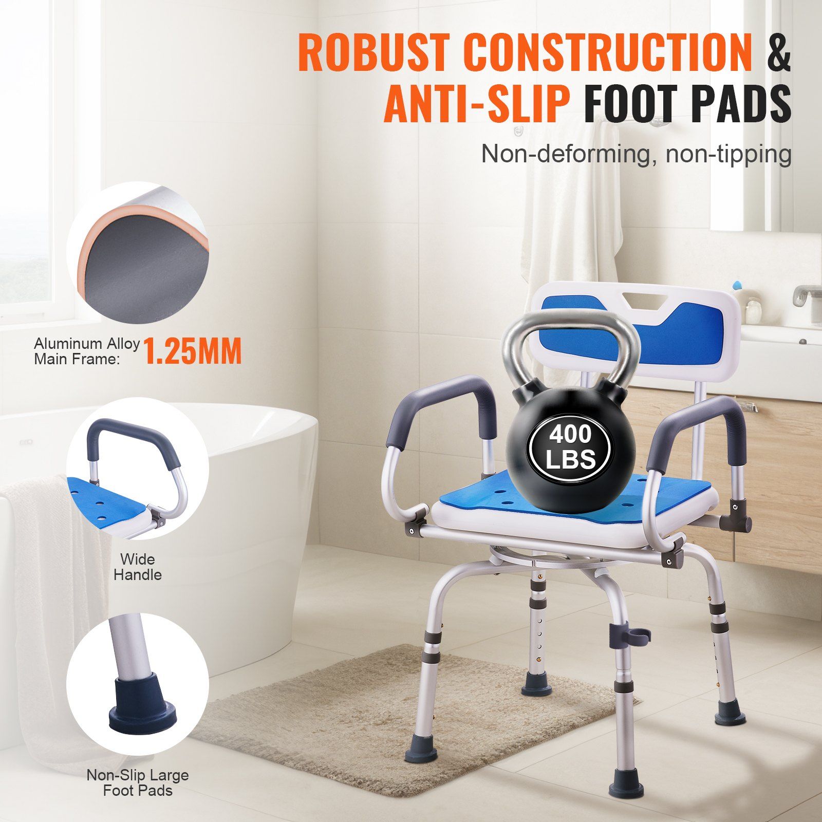 Swivel Shower Chair 360 Degree, Adjustable Shower Seat with Pivoting Arms for Inside Showers or Tubs, Non-Slip Rotating Bathtub Shower Chair for Elderly Disabled Injured, 400LBS Capacity - Image 4