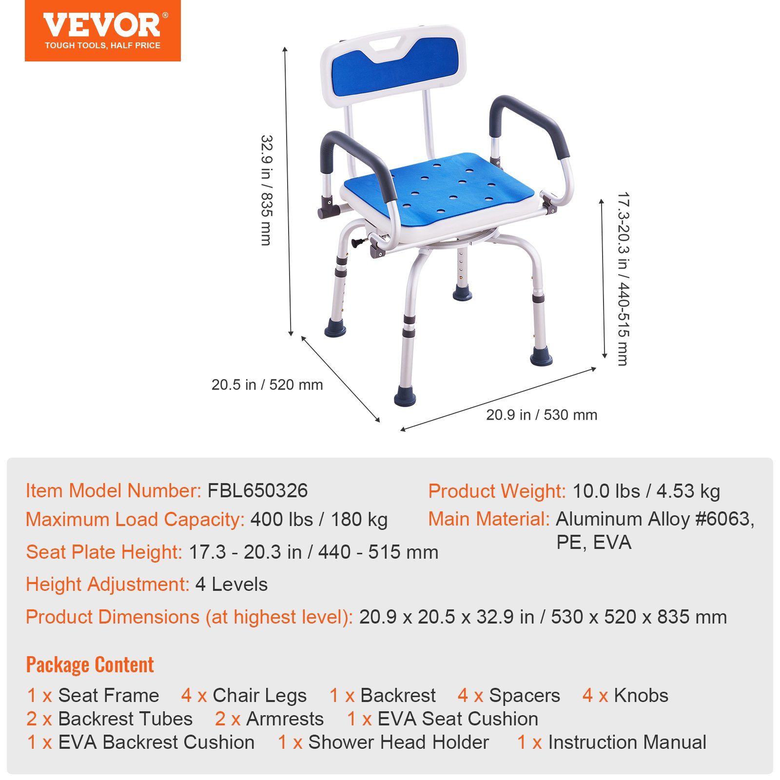 Swivel Shower Chair 360 Degree, Adjustable Shower Seat with Pivoting Arms for Inside Showers or Tubs, Non-Slip Rotating Bathtub Shower Chair for Elderly Disabled Injured, 400LBS Capacity - Image 7