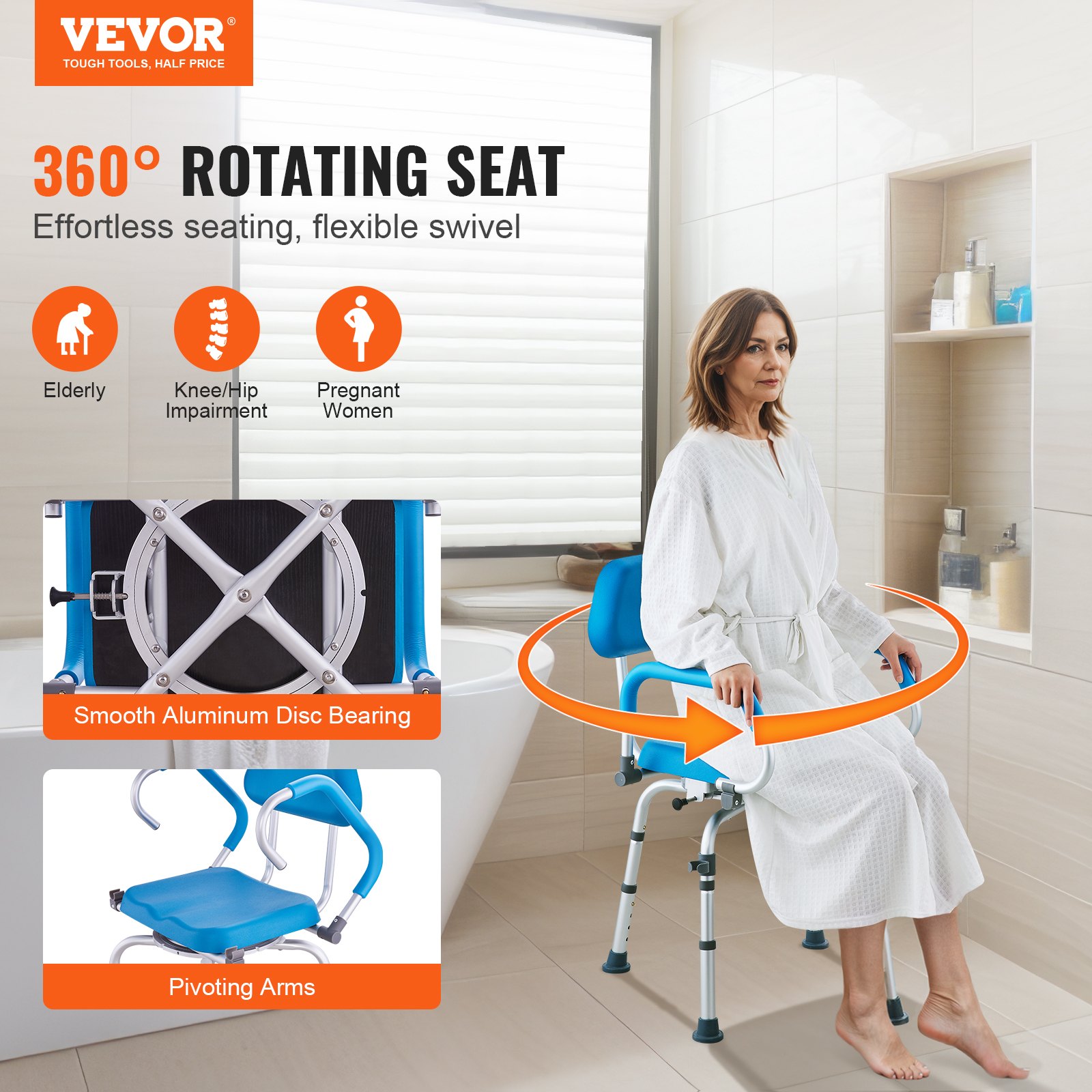 Swivel Shower Chair 360 Degree, Adjustable Shower Seat with Pivoting Arms & Padded Bath Seat for Inside Shower or Tub, Non-Slip Rotating Bathtub Chair for Elderly Disabled, 300LBS Capacity - Image 2