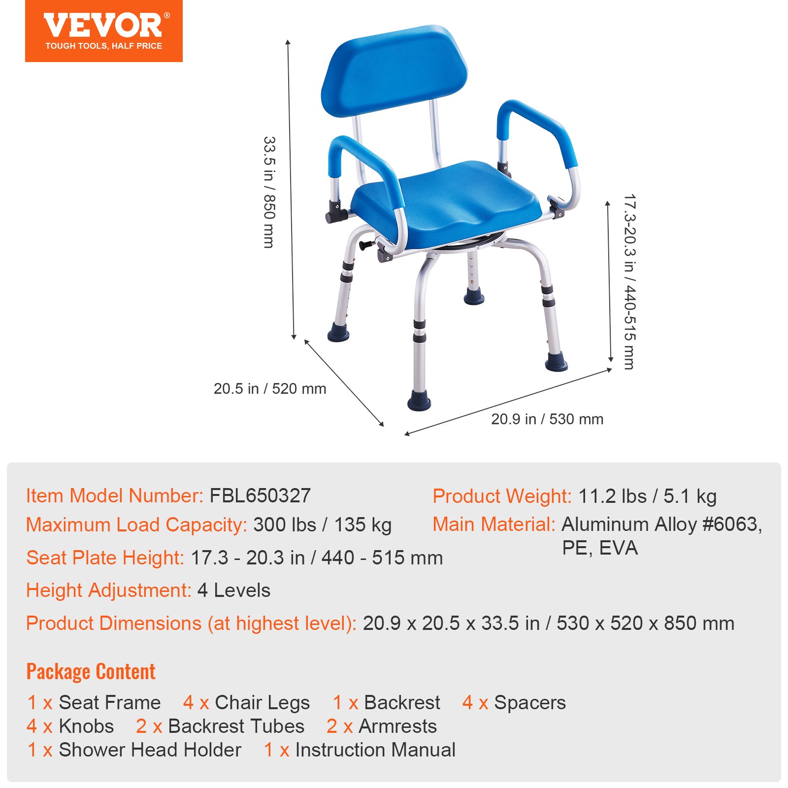 Swivel Shower Chair 360 Degree, Adjustable Shower Seat with Pivoting Arms & Padded Bath Seat for Inside Shower or Tub, Non-Slip Rotating Bathtub Chair for Elderly Disabled, 300LBS Capacity - Image 7
