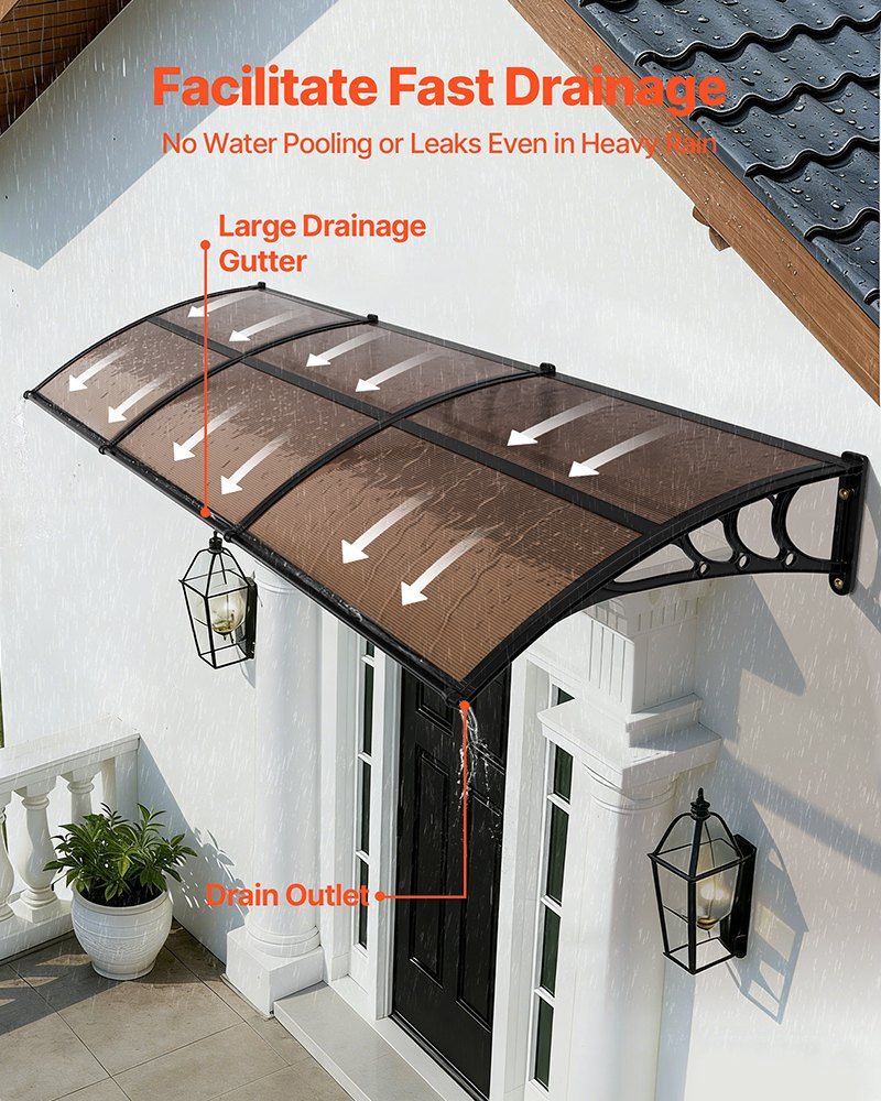 Awnings for Door Entrance, 965 x 2957 mm, Exterior Front Door Window Awnings with Drainage & ABS Bracket, Rain Snow Sun Protection, Overhang Polycarbonate Door Canopy for Porch Patio, Brown - Image 2