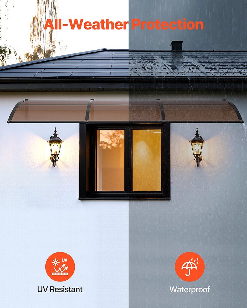 Awnings for Door Entrance, 965 x 2957 mm, Exterior Front Door Window Awnings with Drainage & ABS Bracket, Rain Snow Sun Protection, Overhang Polycarbonate Door Canopy for Porch Patio, Brown - Image 3