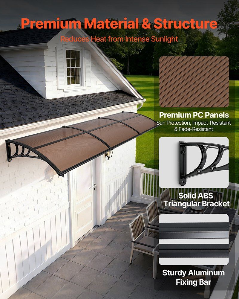 Awnings for Door Entrance, 965 x 2957 mm, Exterior Front Door Window Awnings with Drainage & ABS Bracket, Rain Snow Sun Protection, Overhang Polycarbonate Door Canopy for Porch Patio, Brown - Image 4