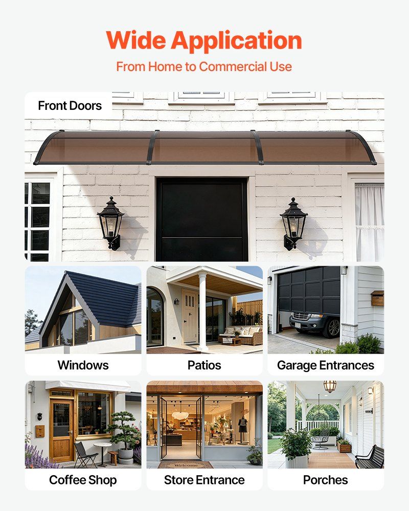 Awnings for Door Entrance, 965 x 2957 mm, Exterior Front Door Window Awnings with Drainage & ABS Bracket, Rain Snow Sun Protection, Overhang Polycarbonate Door Canopy for Porch Patio, Brown - Image 6
