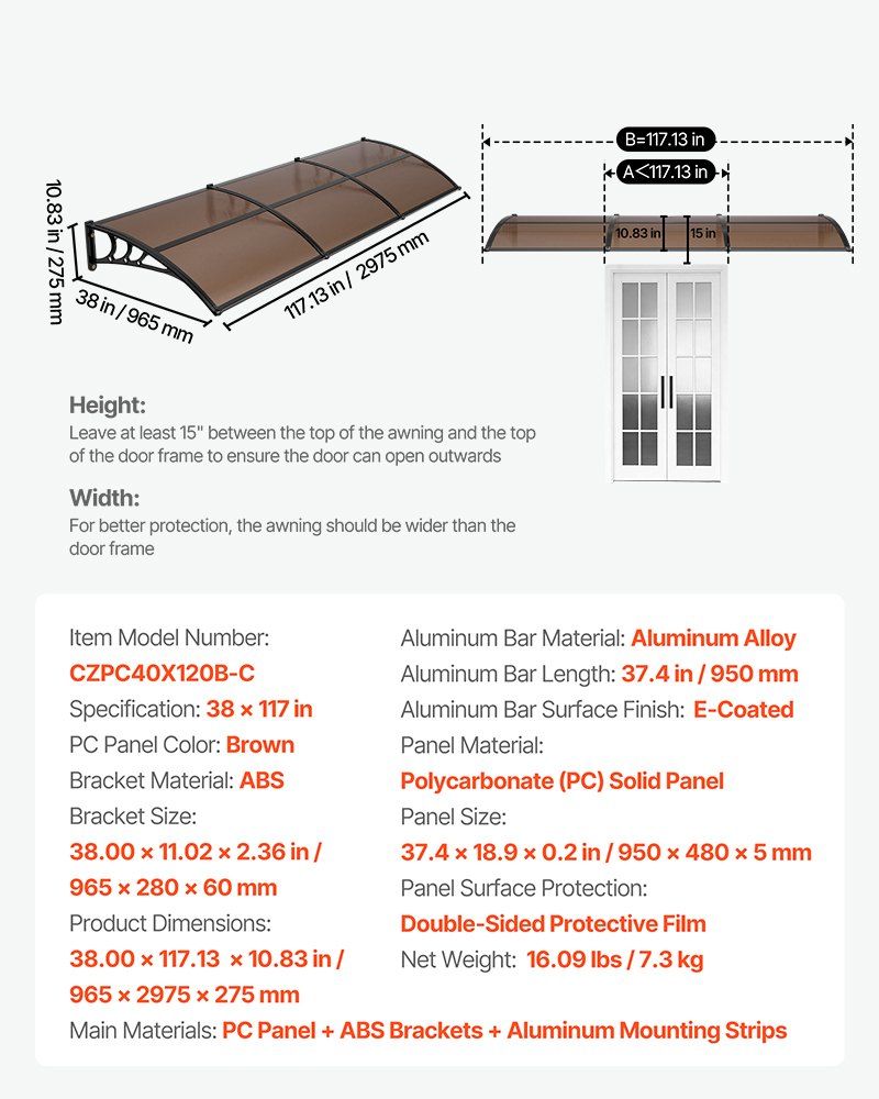 Awnings for Door Entrance, 965 x 2957 mm, Exterior Front Door Window Awnings with Drainage & ABS Bracket, Rain Snow Sun Protection, Overhang Polycarbonate Door Canopy for Porch Patio, Brown - Image 7