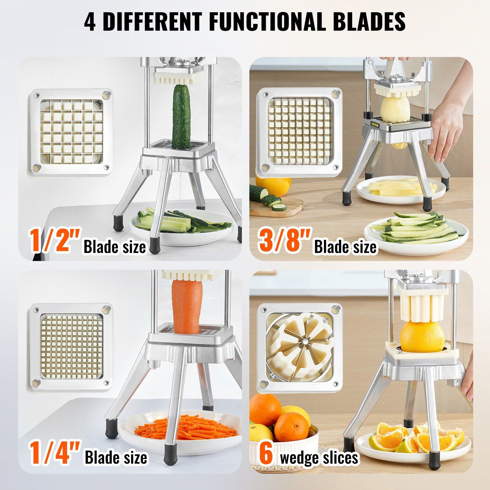 Commercial Vegetable Fruit Chopper, Stainless Steel French Fry Cutter with 4 Blades 1/4