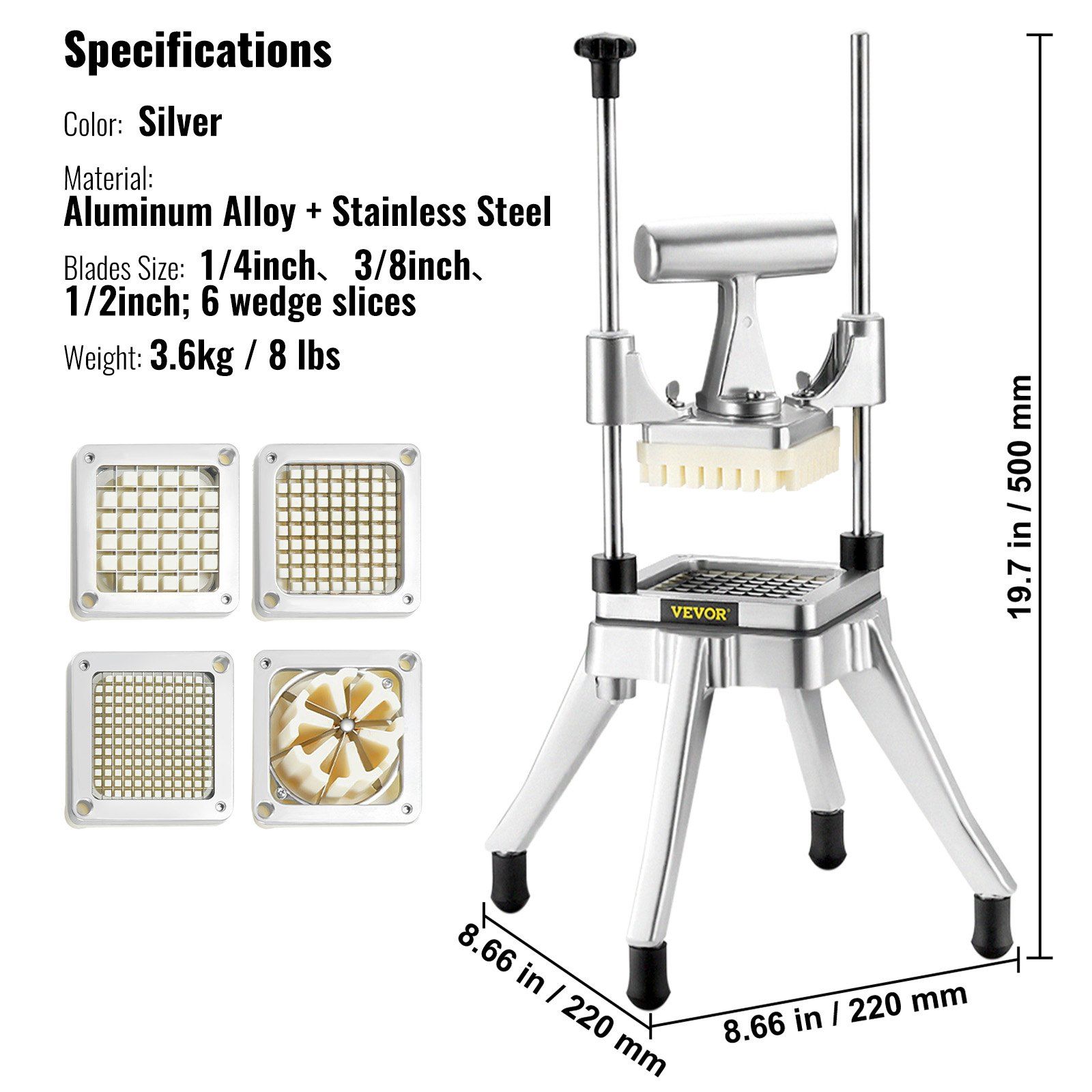 Commercial Vegetable Fruit Chopper, Stainless Steel French Fry Cutter with 4 Blades 1/4