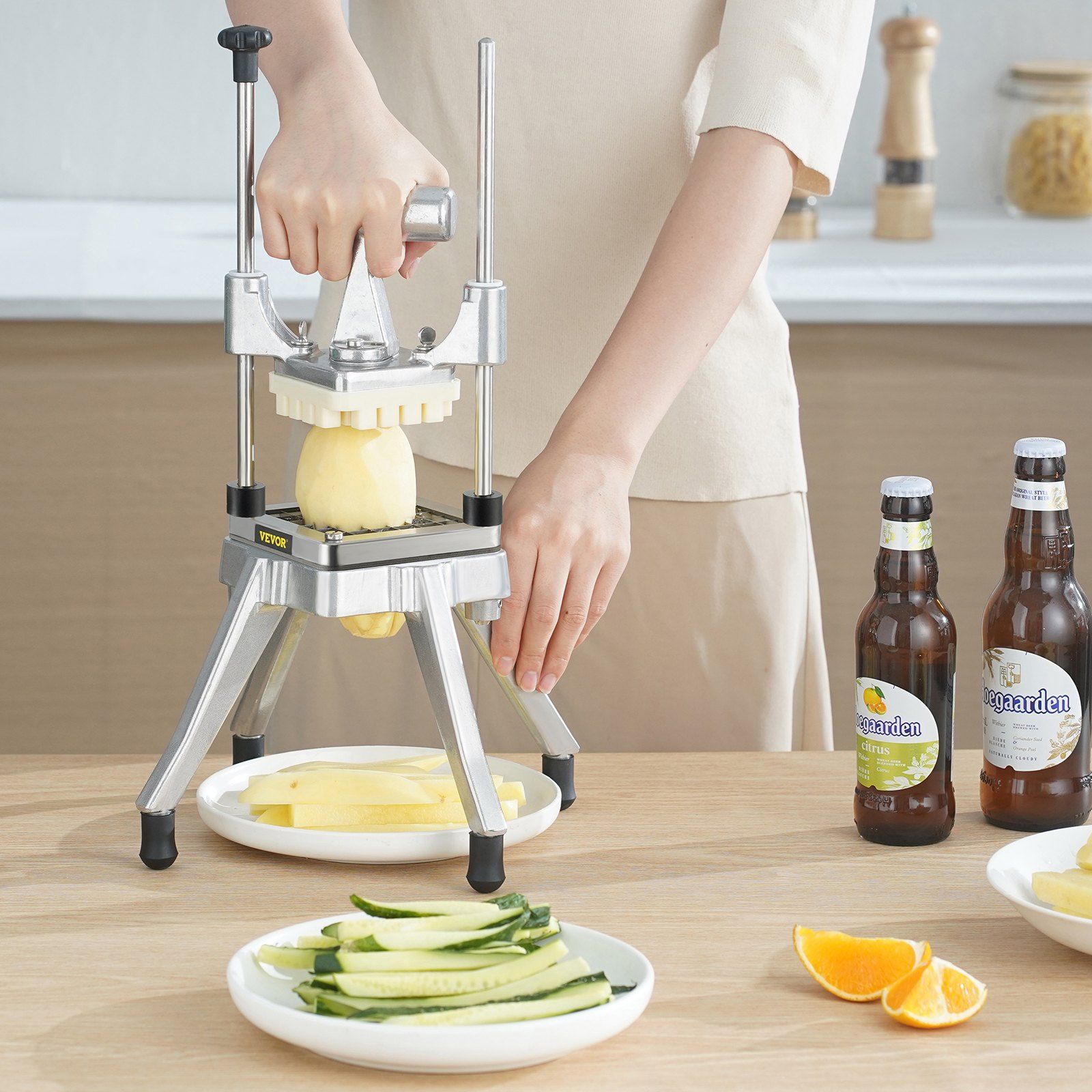 Commercial Vegetable Fruit Chopper, Stainless Steel French Fry Cutter with 4 Blades 1/4