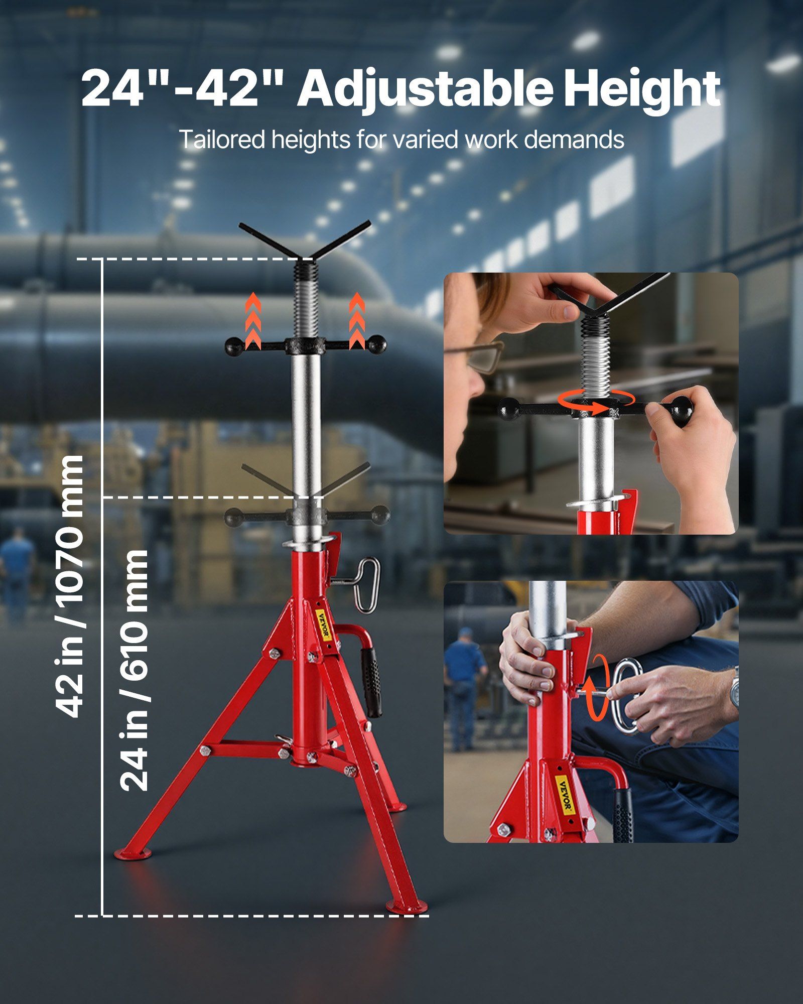 V Head Pipe Stand 0.32 - 30.48 cm Capacity, Adjustable Height 610mm-1067mm, Pipe Jack Stands 1134kg Load Capacity, Portable Folding Pipe Stands, Carbon Steel Body for Enhanced Durability - Image 3